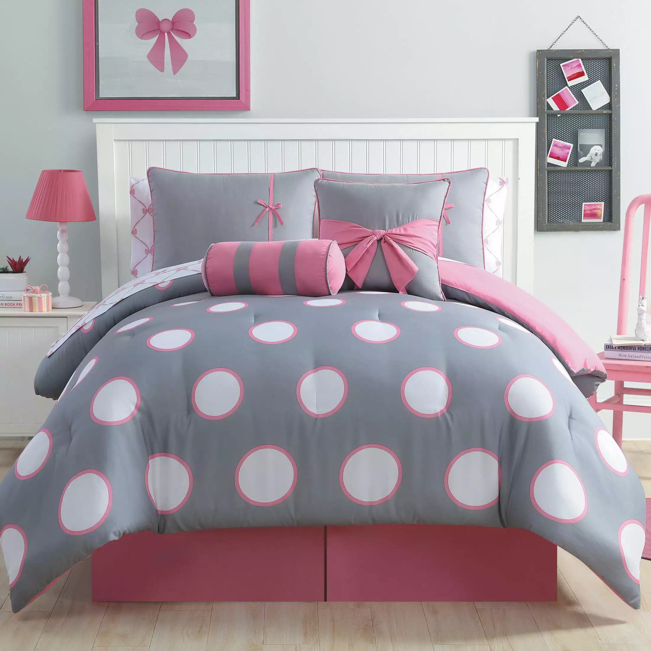 VCNY Home Sophie 10-Piece Grey/Pink Polka Dot Bed in a Bag. Full