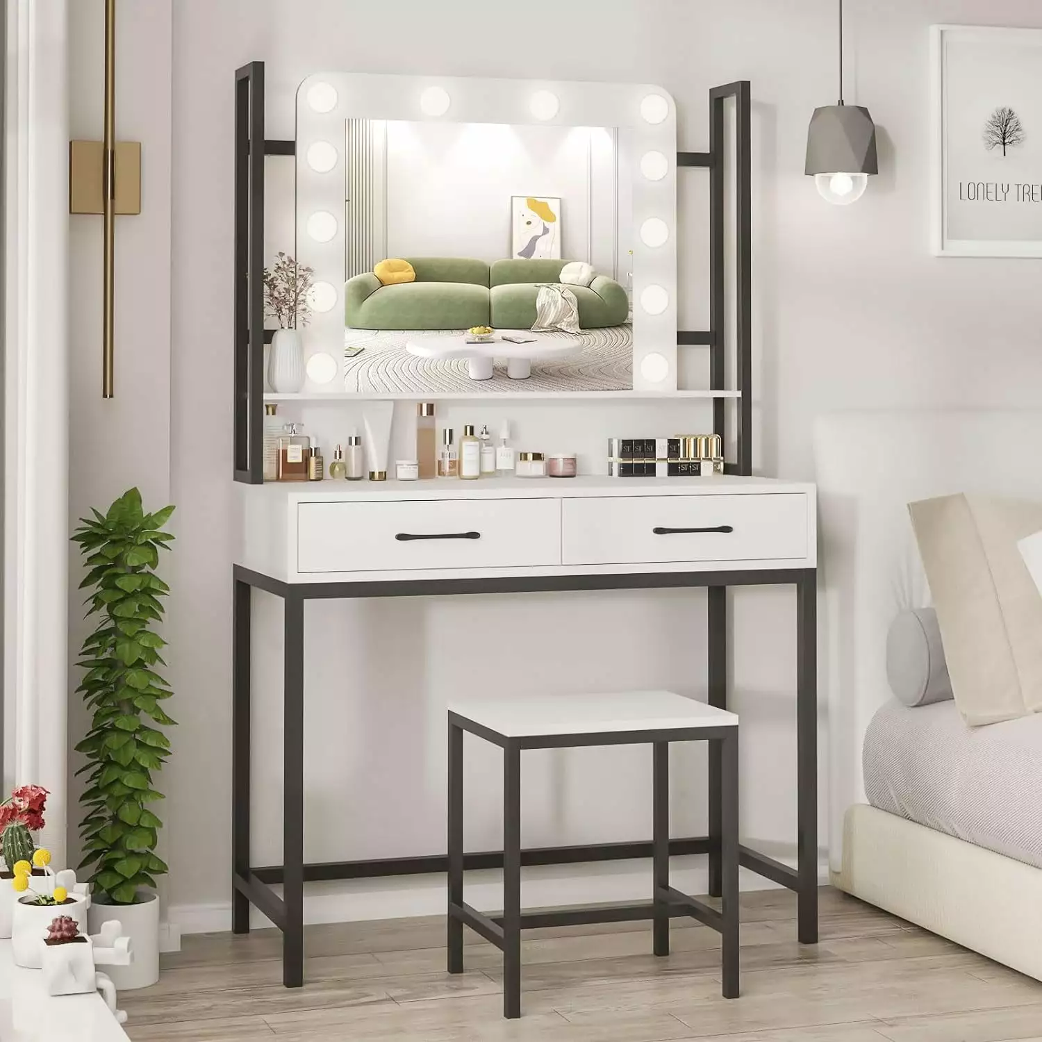 VEANERWOOD Modern Vanity Set with Lighted Mirror. Makeup Table with 2 Drawers for Bedroom. White