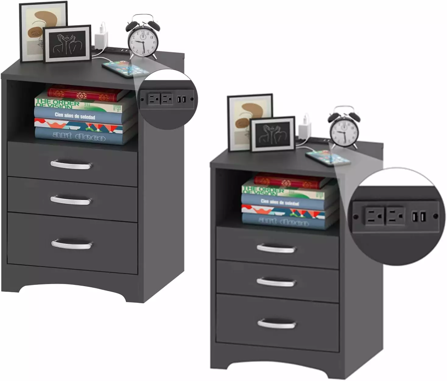 VEANERWOOD Nightstand Set of 2 with 3 Drawers and Charging Station 24 H End Side Table. Black