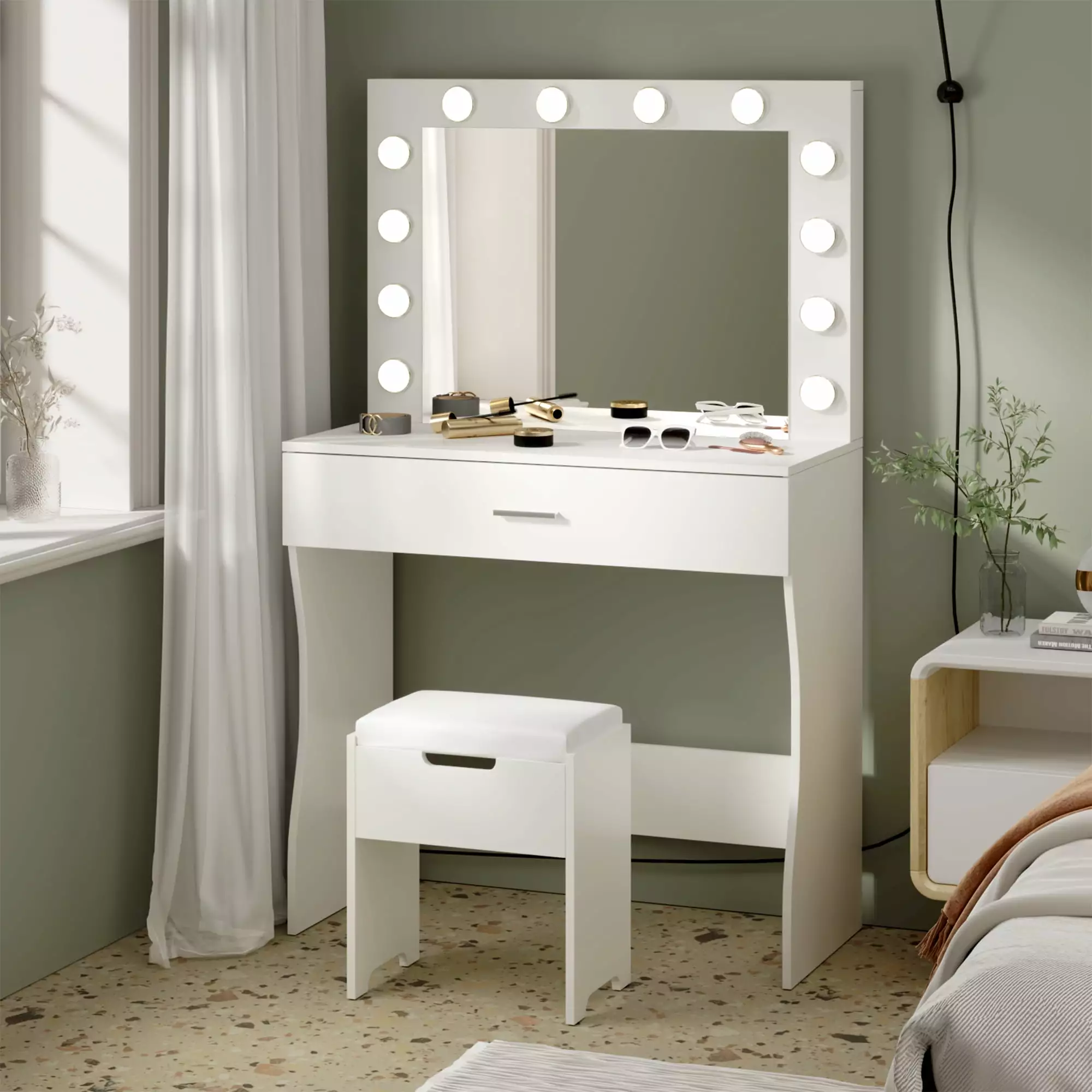 VEANERWOOD Vanity Table Set with Lighted Mirror - Makeup Vanity with Lights. Adjustable Brightness. Large Drawer Sturdy Wood Vanity. White