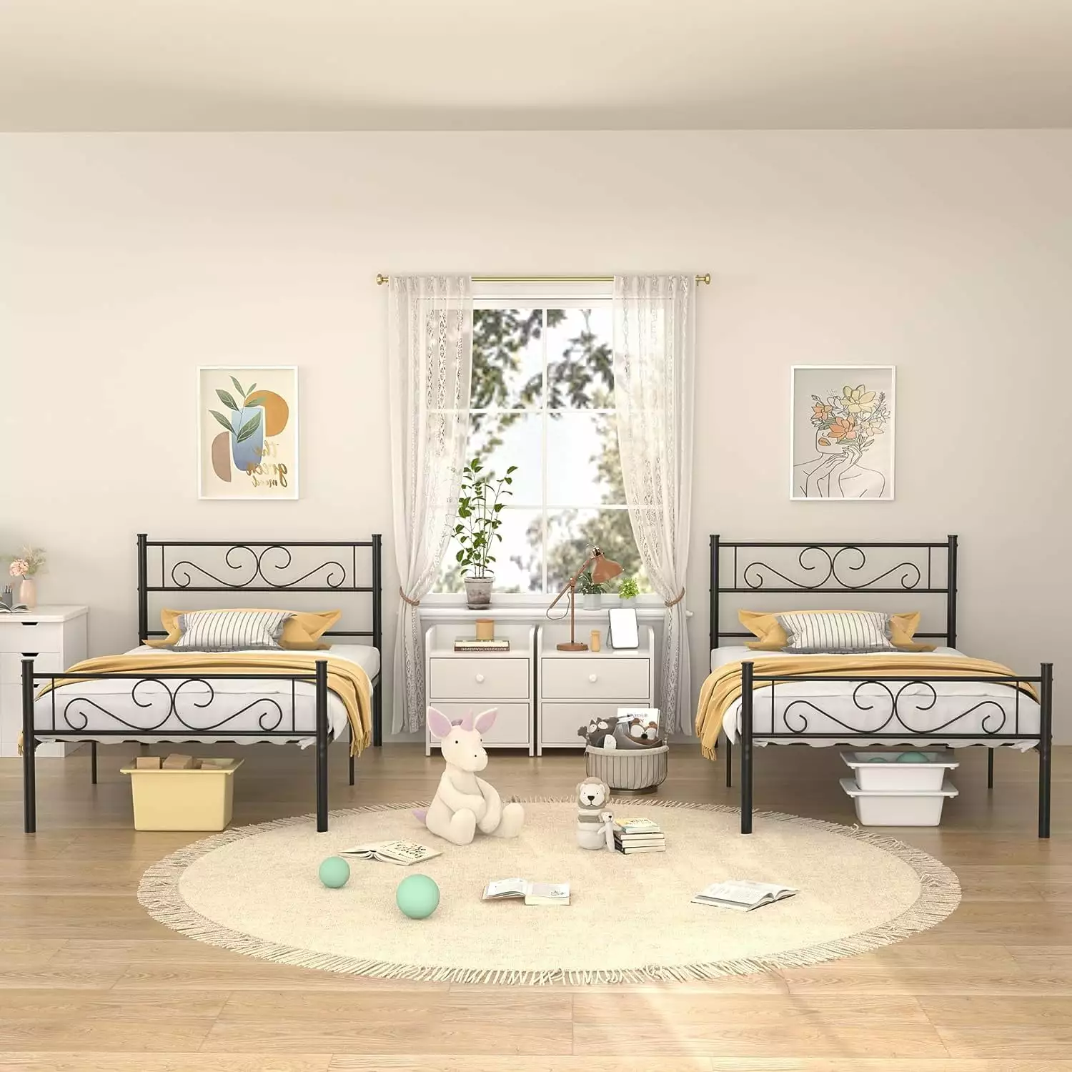 VECELO 2-Piece Twin Size Metal Bed Frame with Headboard and Footboard. No Box Spring Needed. Black