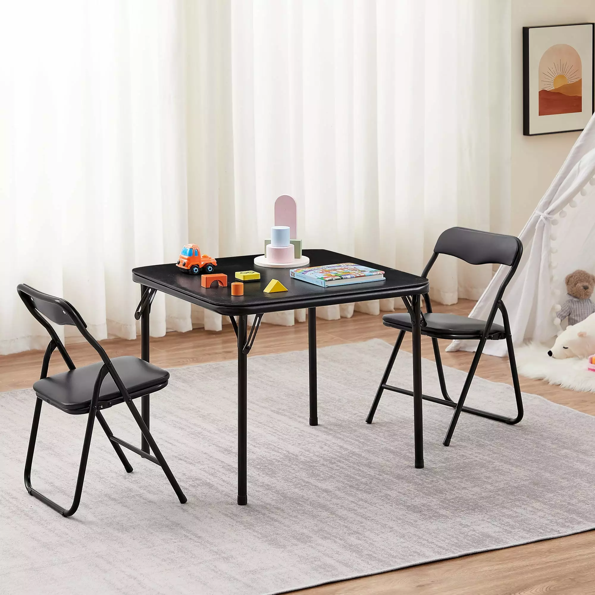 VECELO 3-Piece Folding Table and Chair Set. 23.8 Vinyl Top Card Table and 4 Padded Seat & Back. Children's Activity Table and Chairs Set. Black