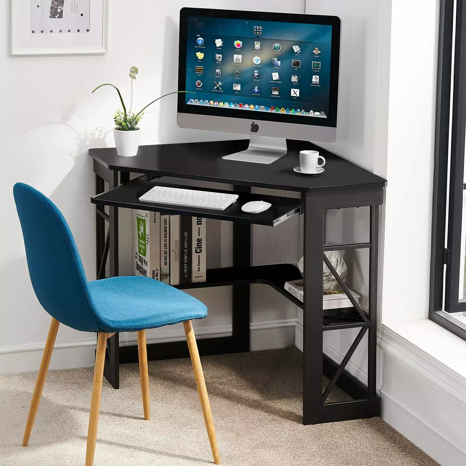 VECELO Corner Computer Desk with Keyboard Tray and Storage Shelf. Student Study Writting Table Workstation for College Dorm Apartment Home Office. Black (90 Degrees)