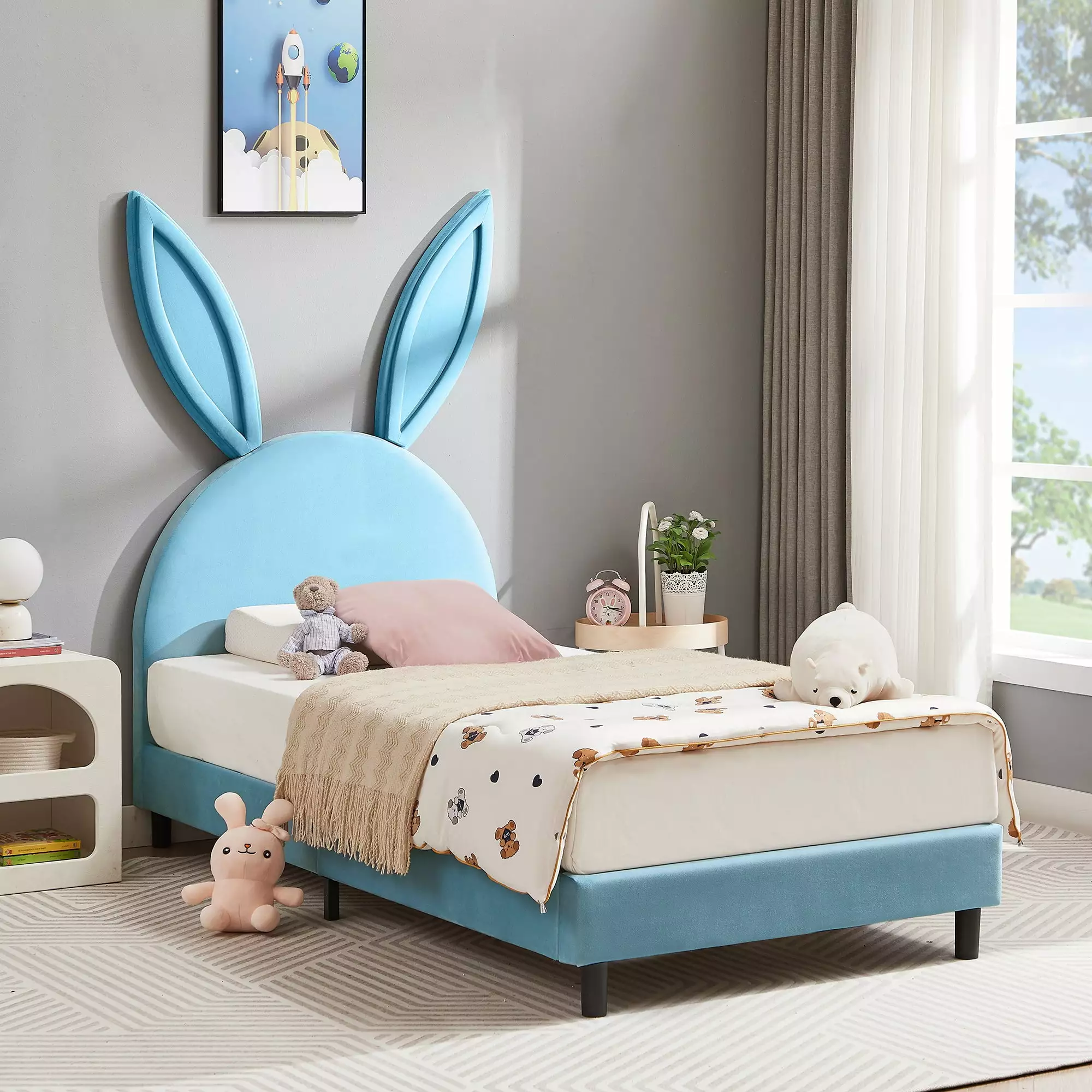 Katkuca Cute Upholstered Bed Frame with Rabbit Headboard. Twin Size Platform Bed with Wood Slats for Kids Boys Girls. No Box Spring Needed. Blue