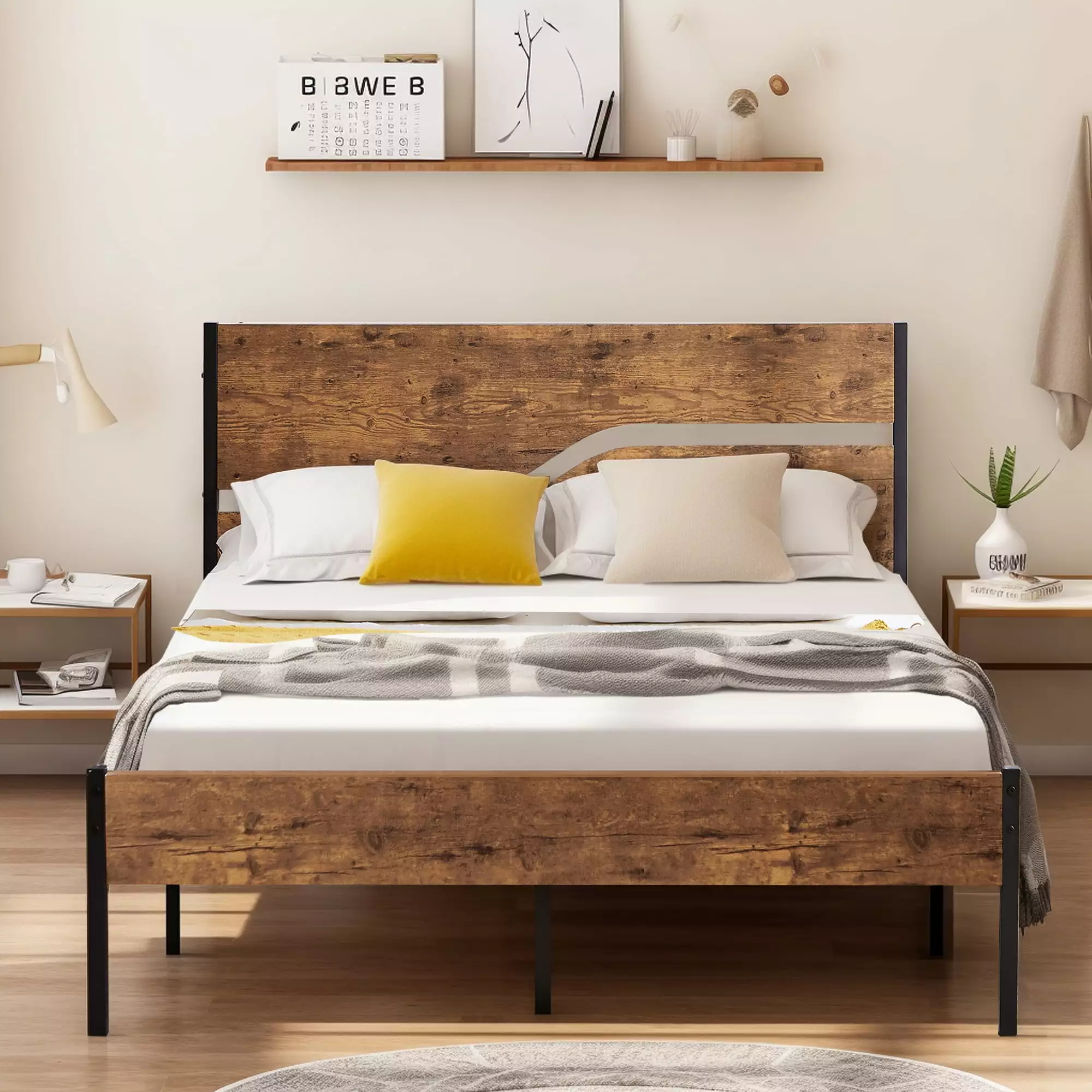 VECELO Full Size Metal Bed Frame with Wooden Headboard and Footboard. Industrial Full Platform Bed No Box Spring Needed. Metal Bedframe Easy to Assemble Noise Free Mattress Foundation. Rustic Brown