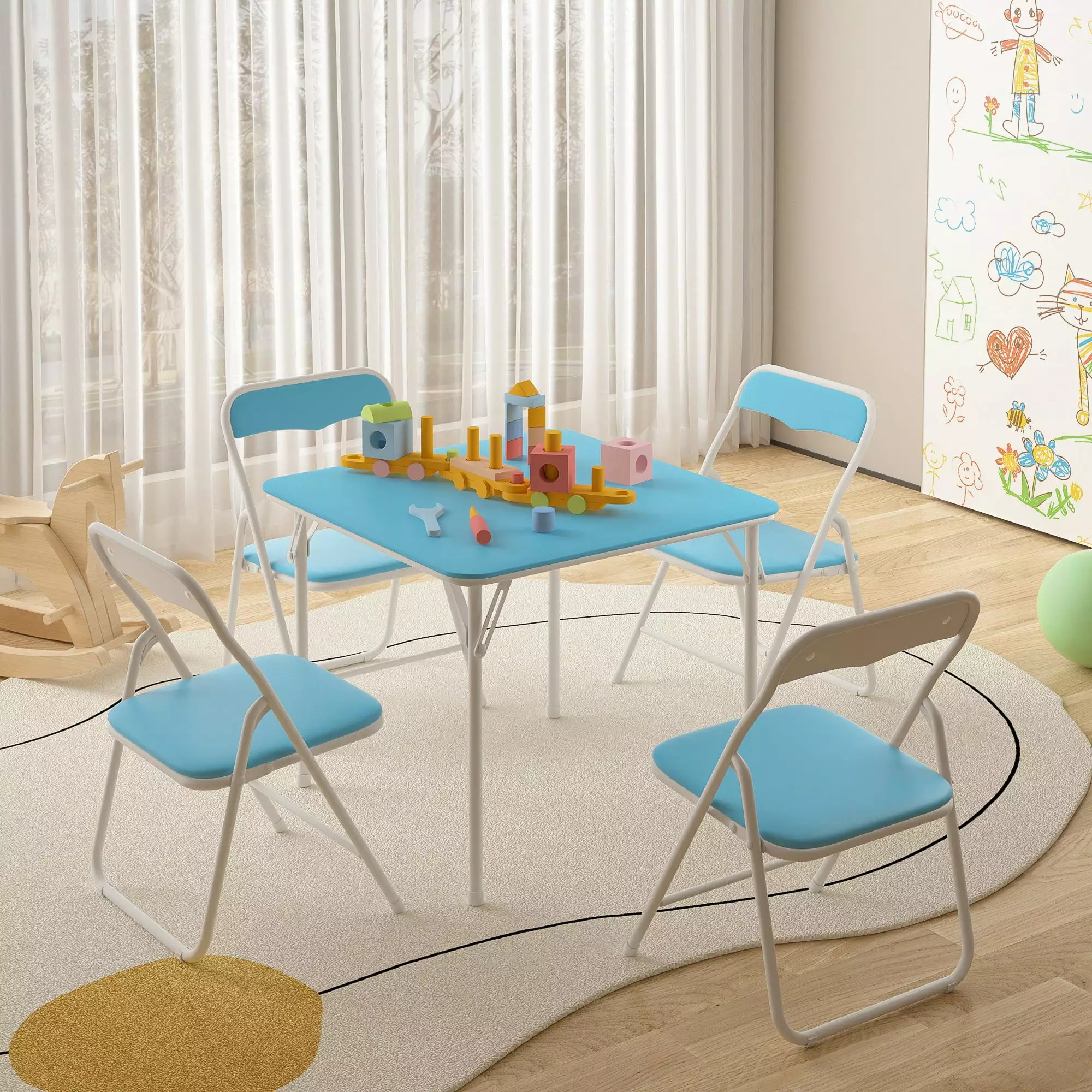 VECELO Kids 5-Piece Folding Table and Chair Set. Children's Activity Table and Chairs Set. Suitable for Eating.Reading and Playing. Blue