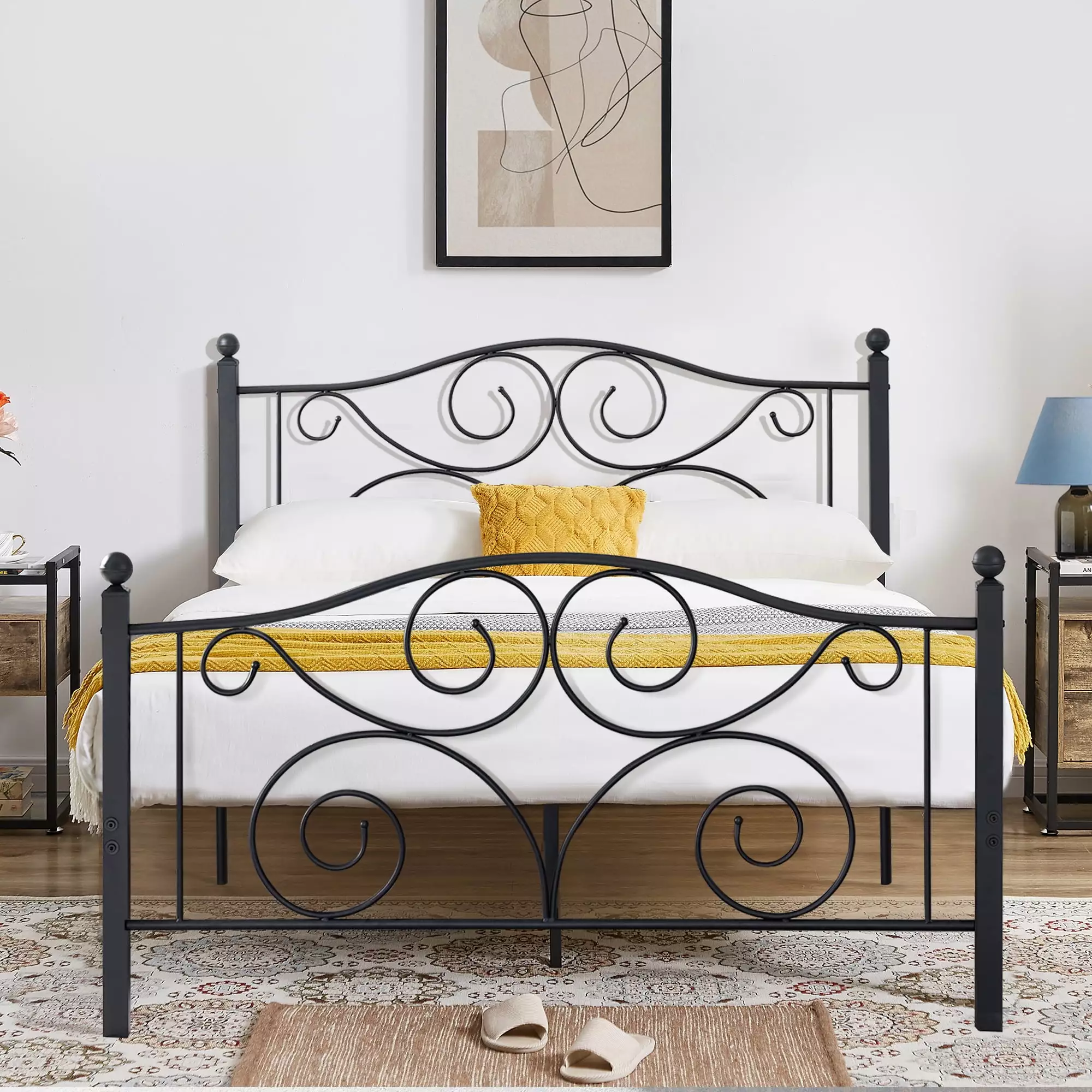 VECELO Metal Platform Bed Frame with Victorian Headboard and Footboard. Full Size. Black