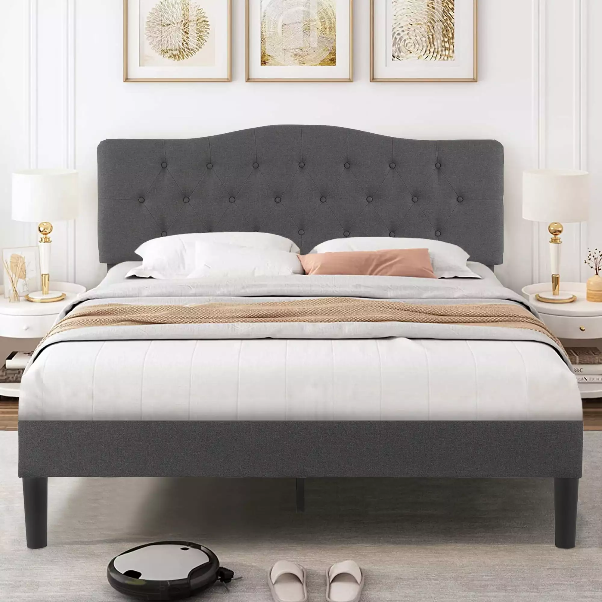 VECELO Queen Bed Frame. Upholstered Platform Bed Frame with Diamond Tufted Adjustable Headboard. Wooden Slats Support. No Box Spring Needed. Gray