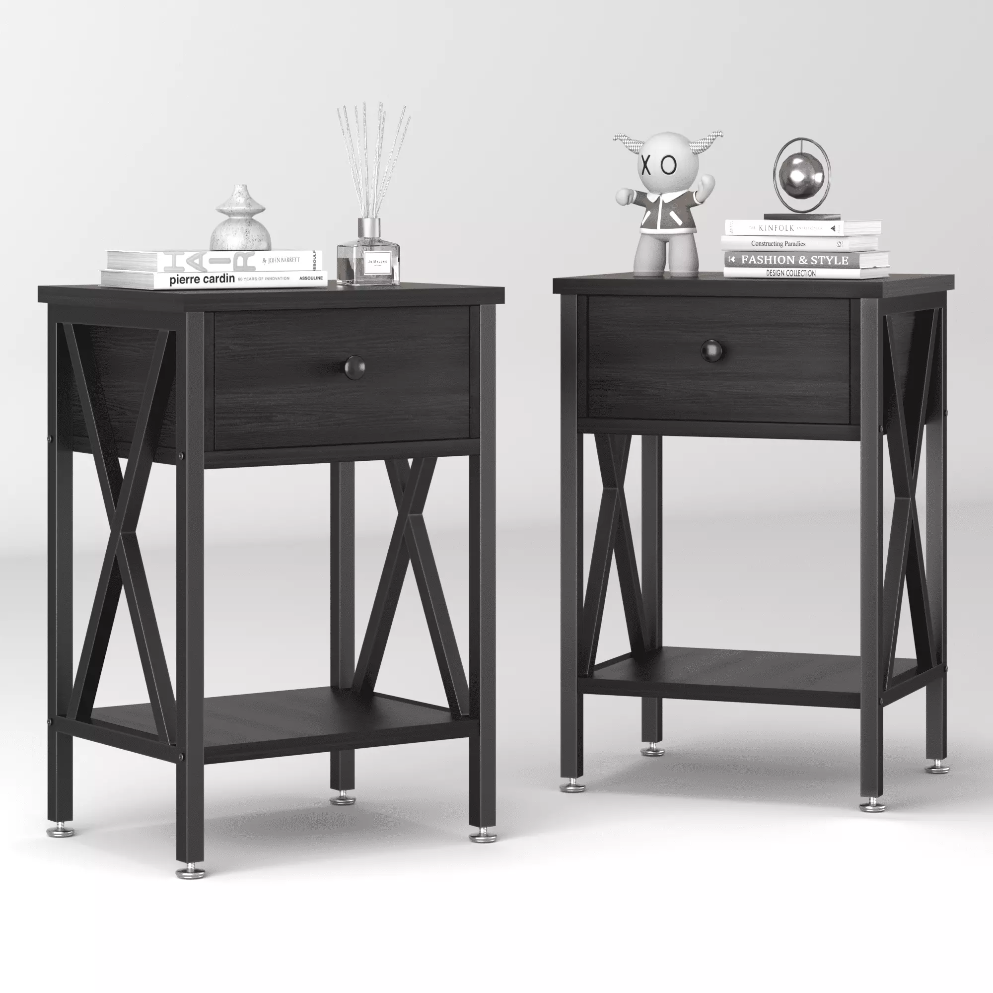 VECELO Set of 2 Nightstand with Drawer and Open Storage Shelves. Bedside End Table for Bedroom Living Room. Black