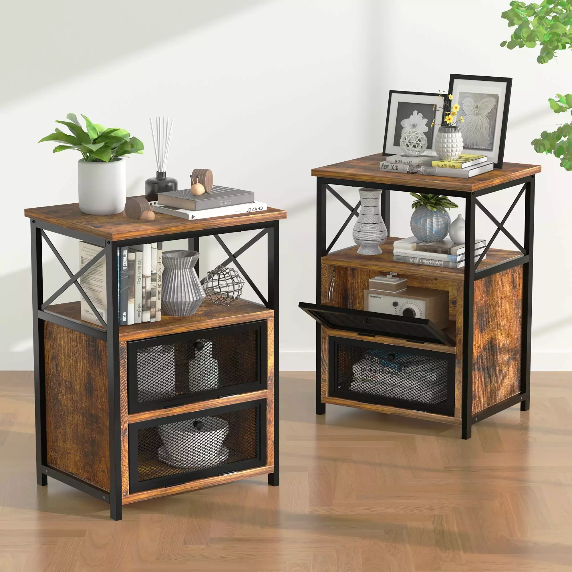 VECELO Set of 2 Nightstands with Flip Doors. Side End Table for Bedroom/Living Room/Office. Brown