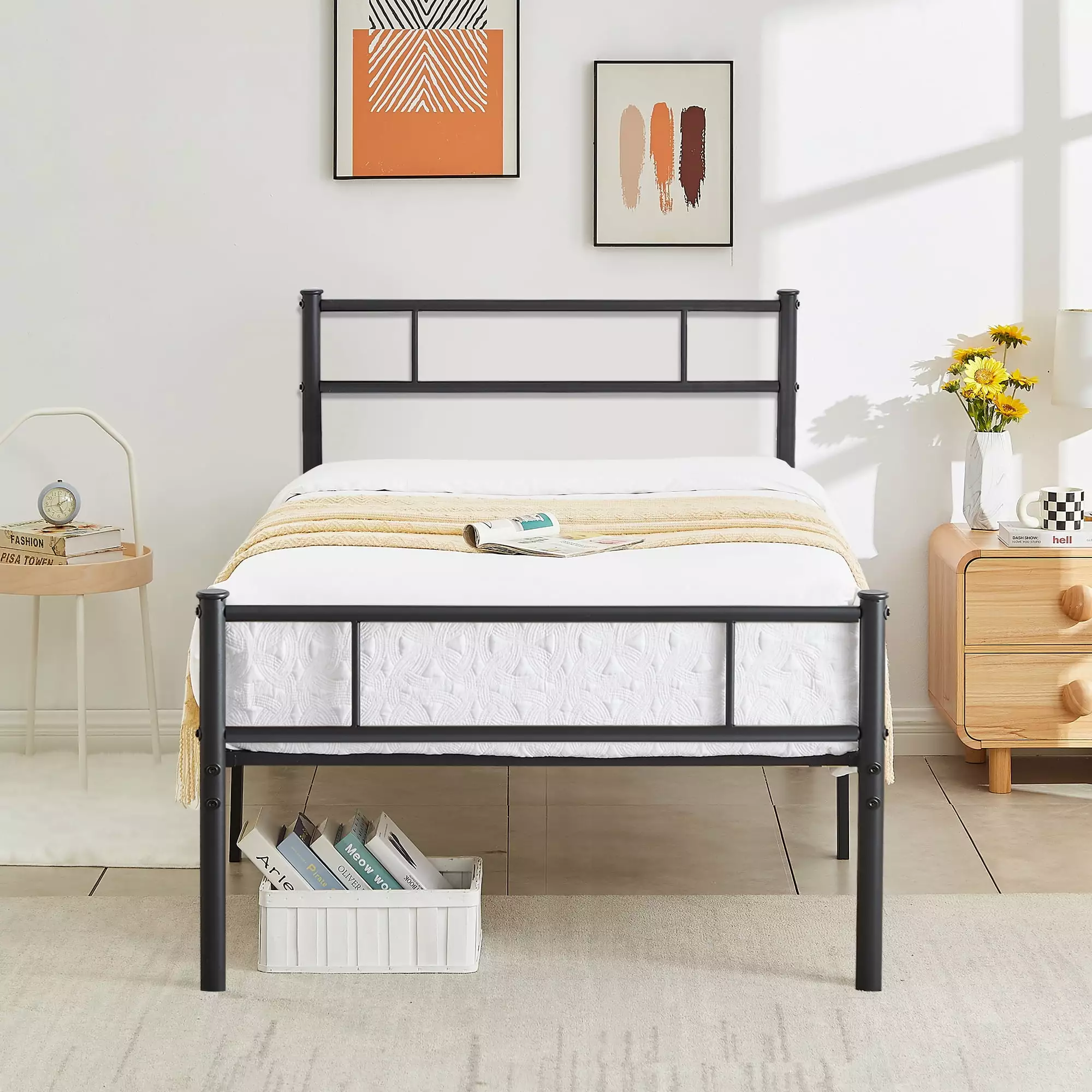 VECELO Twin Bed Frame with Headboard and Footboard. Metal Platform Bed Frame No Box Spring Needed Easy Assembly Mattress Foundation. Twin Size. Black