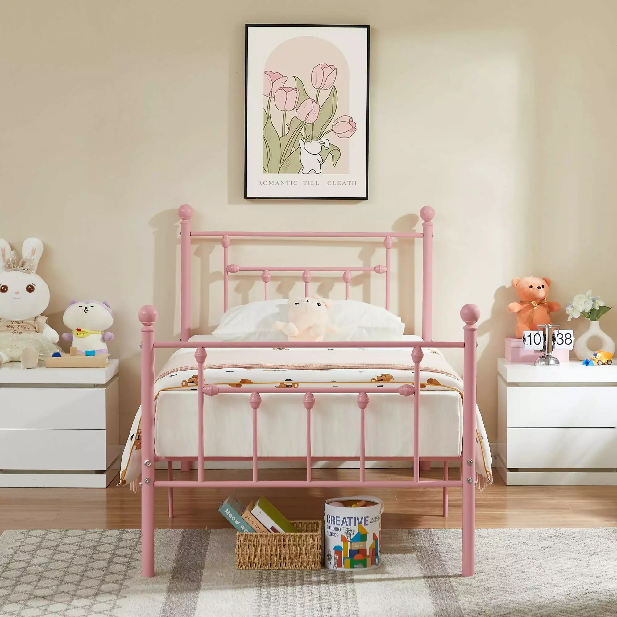 VECELO Twin Size Metal Bed Frame with Headboard & Footboard for Kids. No Box Spring Needed. Pink