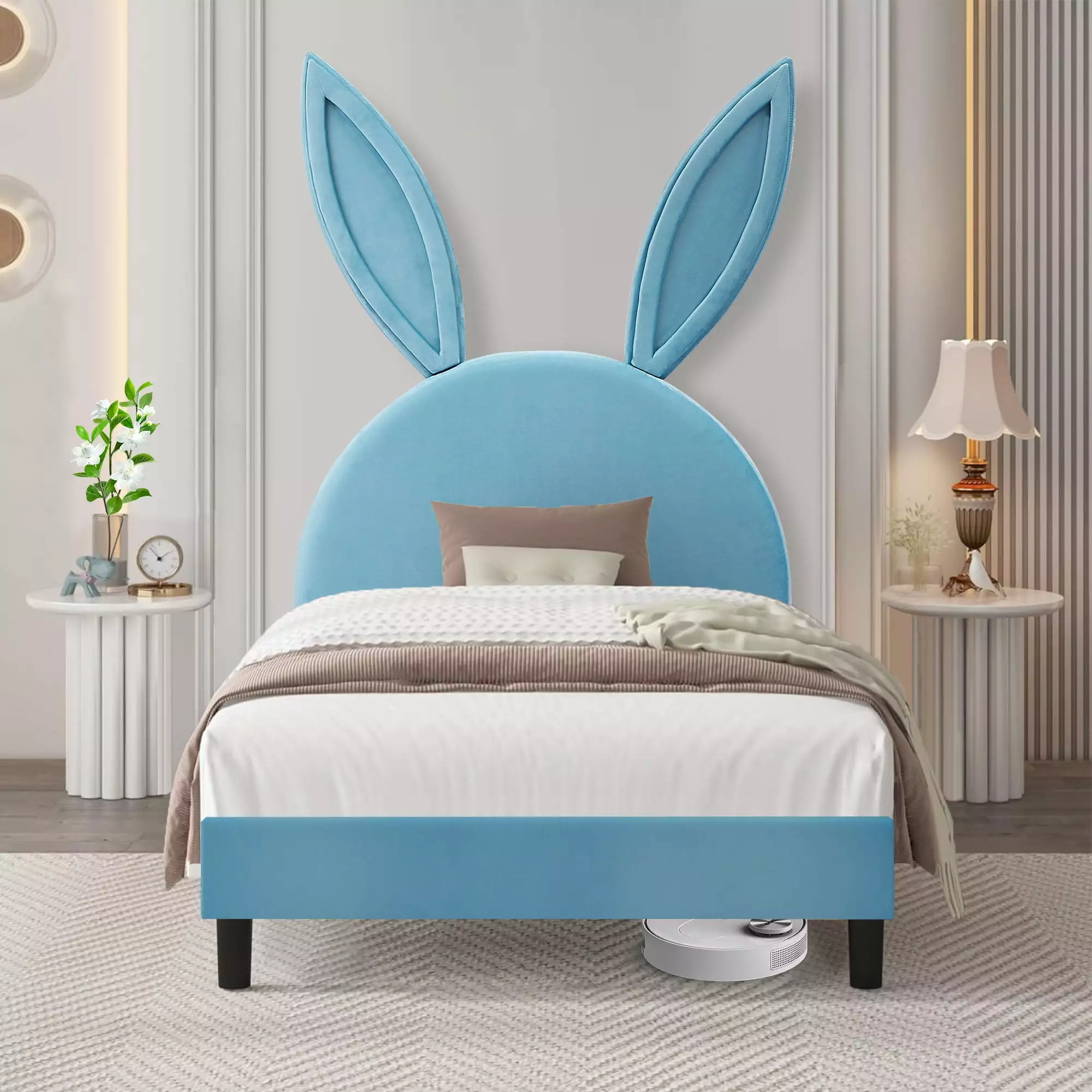 VECELO Twin Upholstered Bed Frame with Rabbit Ear Shaped Headboard. Modern Platform Bed for Kids/Boys/Girls. Wood Slats Support/No Spring Box Needed. BLue