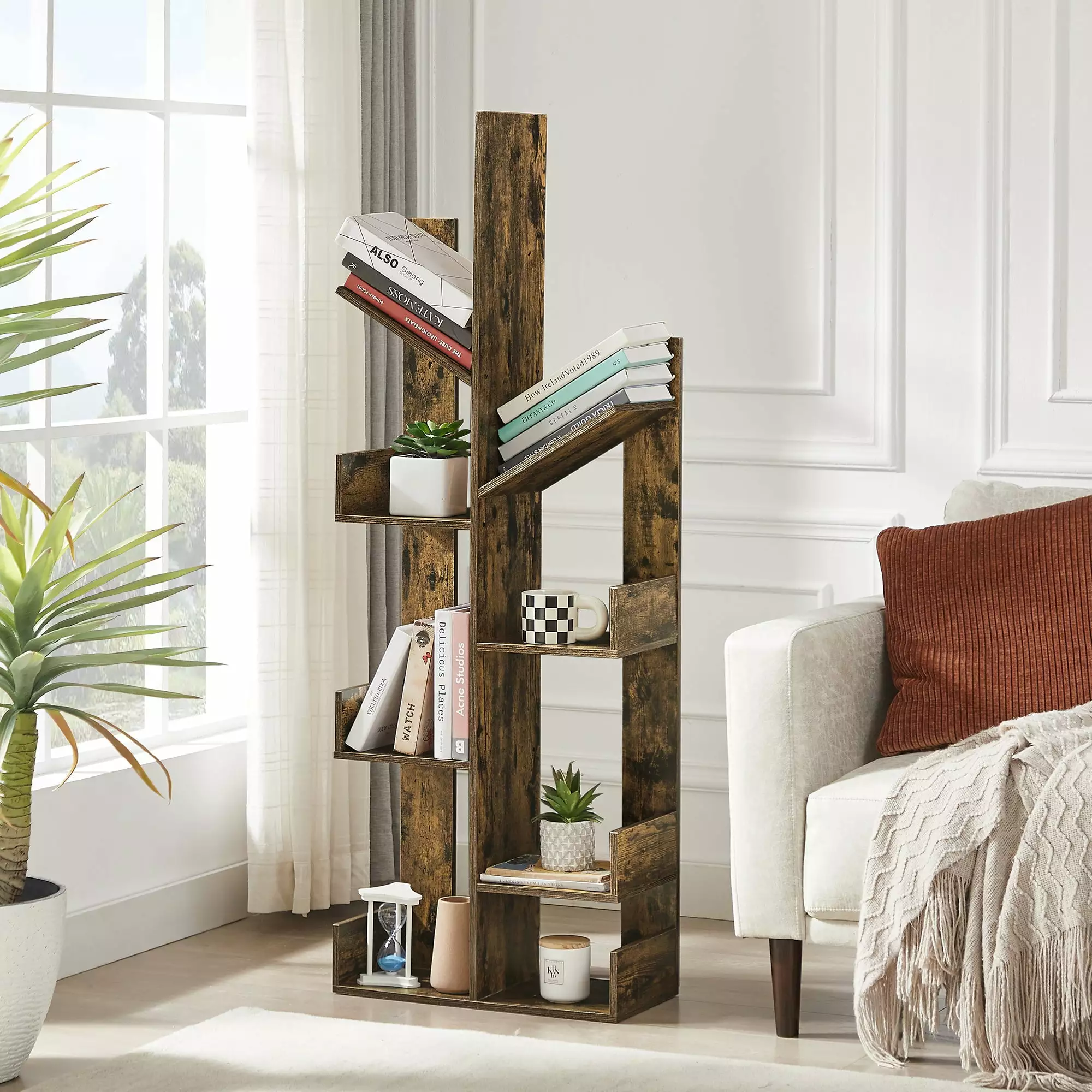 VECELO Wooden Tree-Shaped Bookcase. Modern Freestanding Bookshelf with 8 Storage Display Shelves. Brown