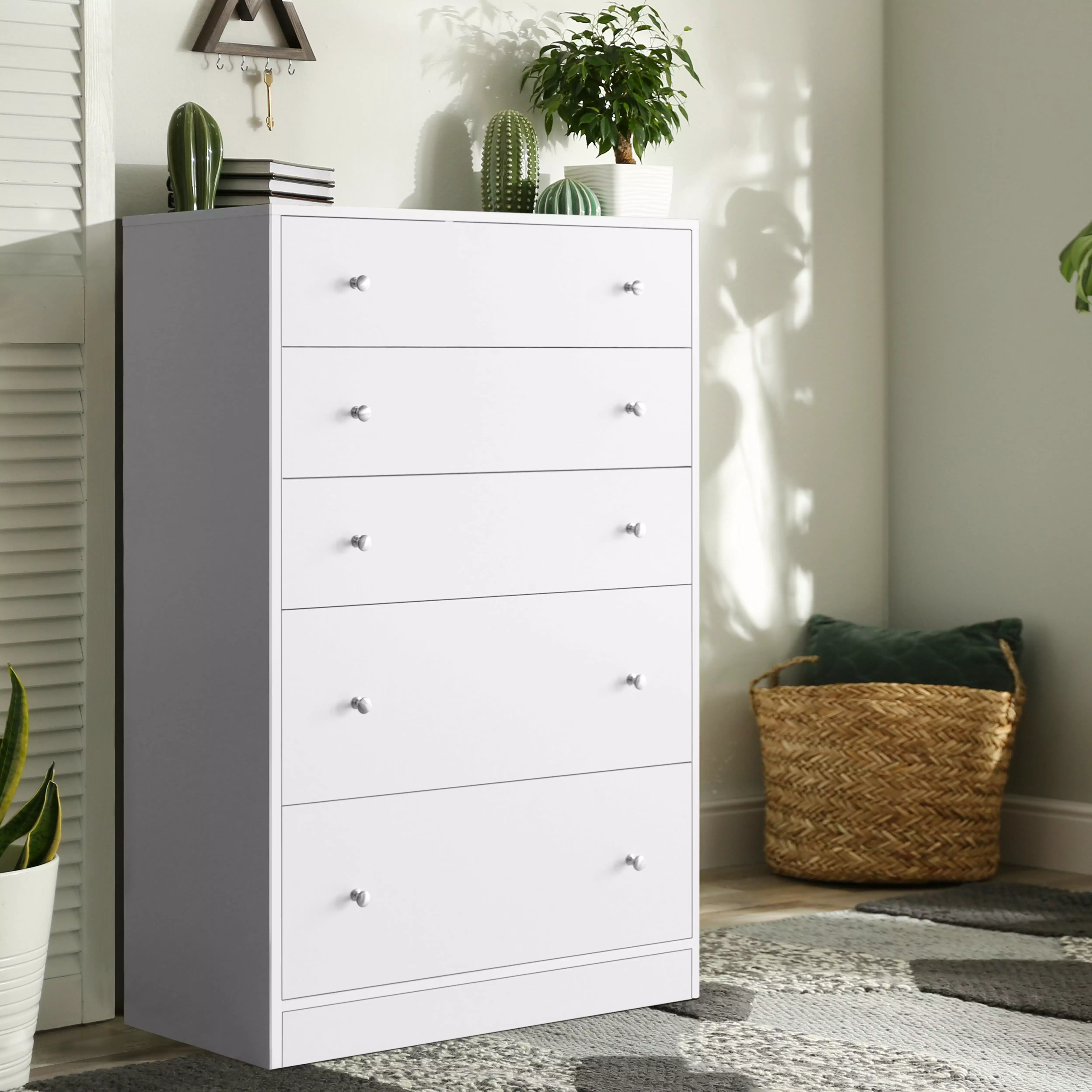 VEIKOUS 5-Drawer Dresser. Clothes Dresser Chest w/Metal Knobs for Bedroom and Kids Room. White