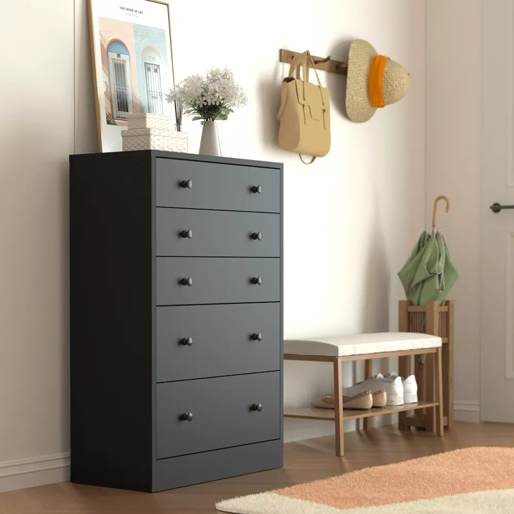 VEIKOUS Oversized 5-Drawer Dresser. Wood Chest of Drawer Dresser for Bedroom. Black