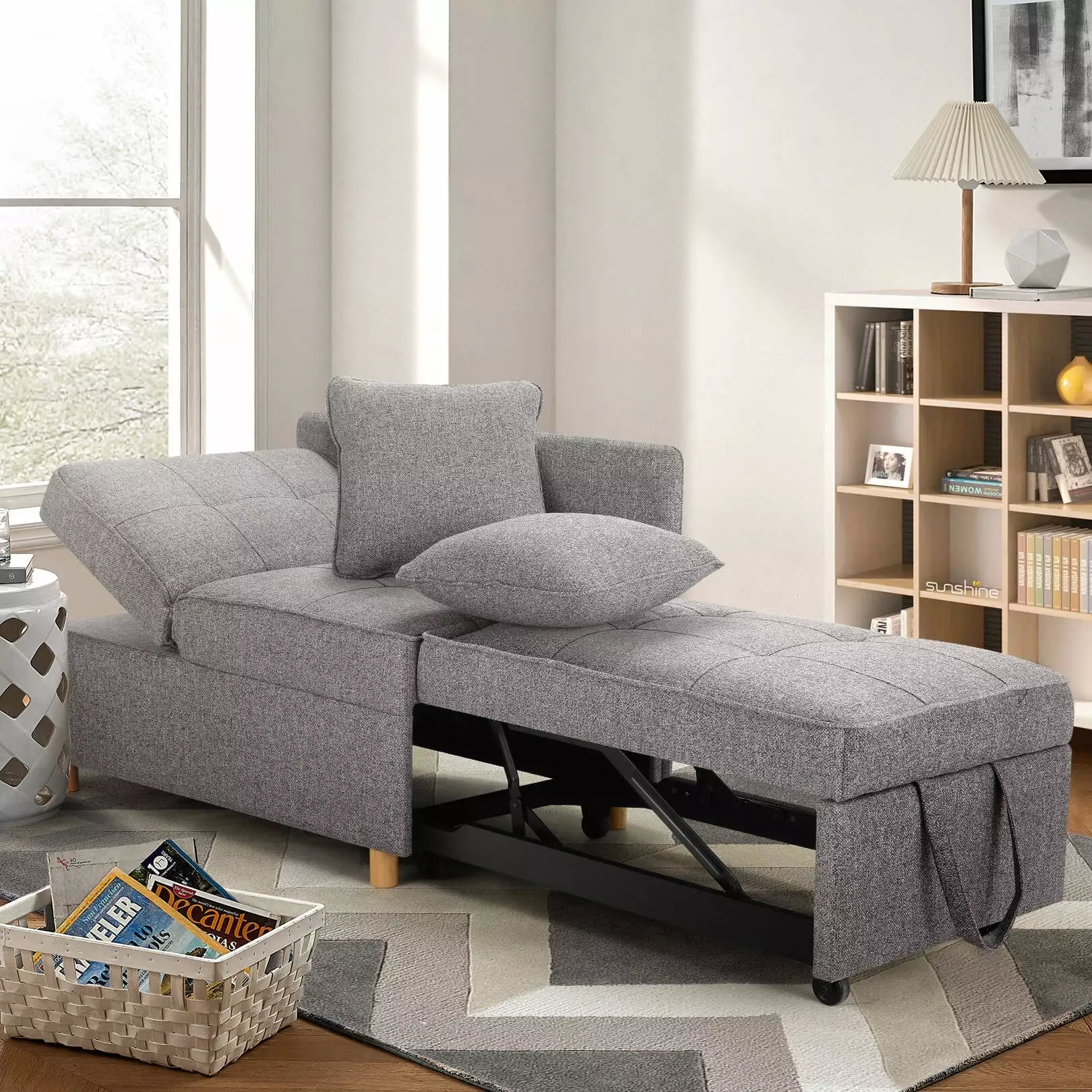 VIBESPARK Convertible Sleeper Chair. 4 in 1 Linen Chair Pull Out Bed with 5 Adjustable Backrest for Bedroom. Living Room. 70.9 Sofa Single Bed for Small Space with 2 Pillows. Gray