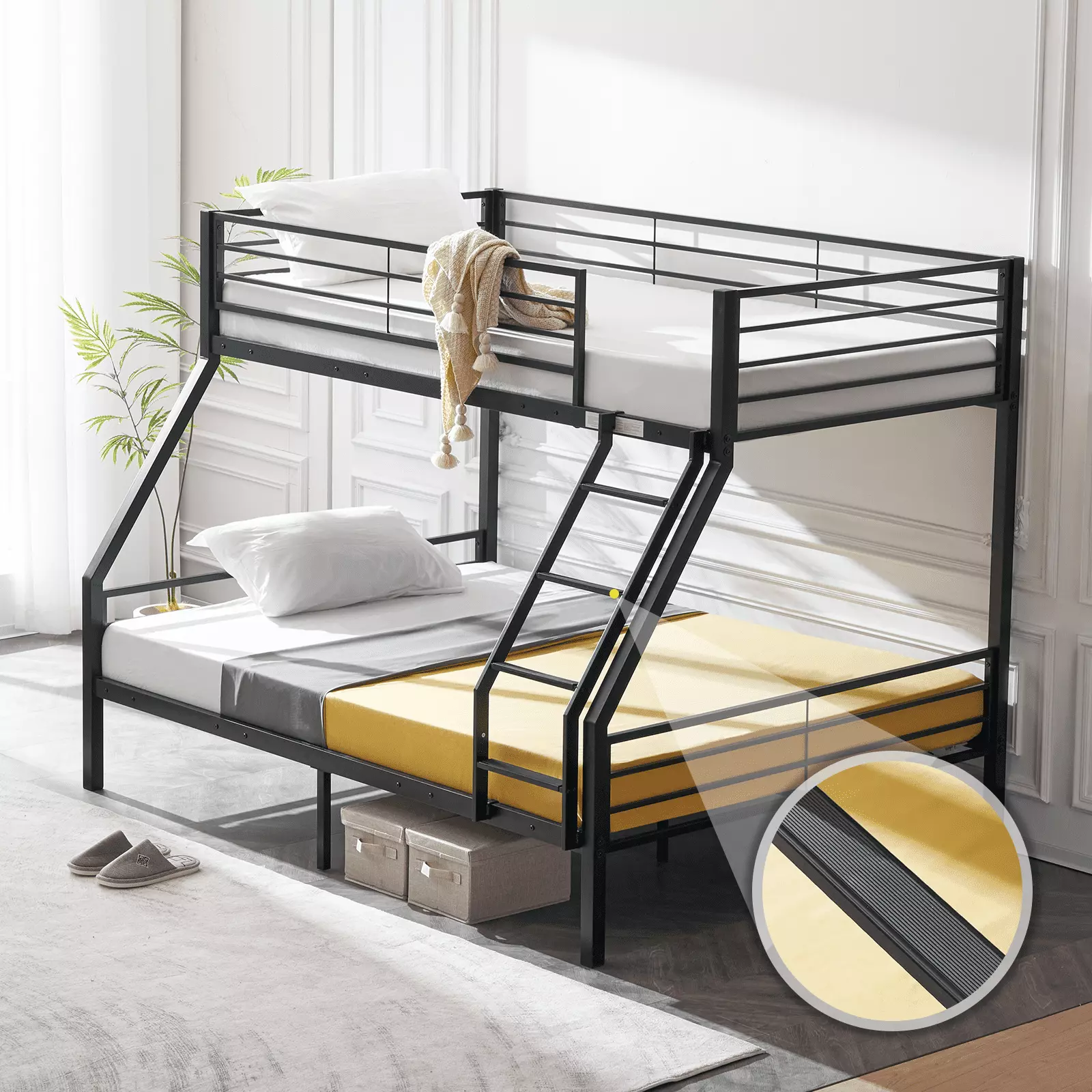 VINGLI Bunk Bed Twin over Full Sturdy Metal Bed Frame with Flat Ladder and Guardrail for Adults/ Children/Teens. Black