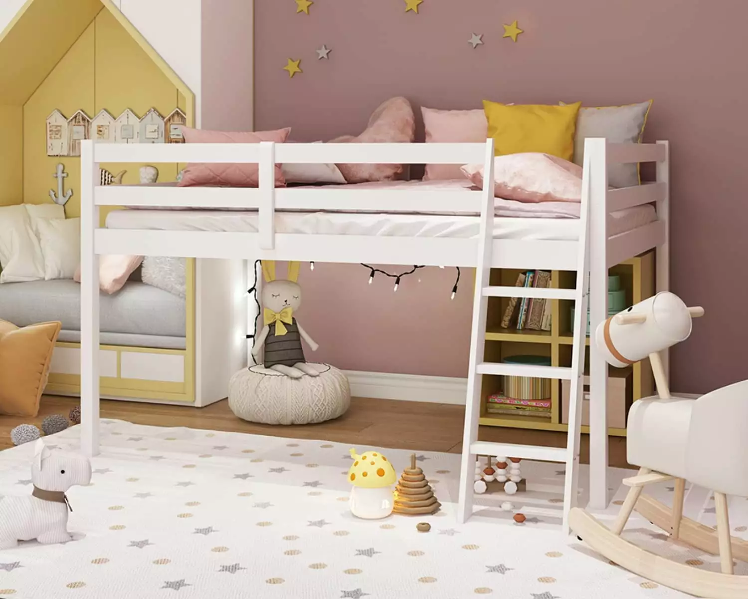 VINGLI Full Size Loft Bed with Inclined Stairs. Junior Loft Bed with High Guard Rail for Kids/Young Teens/Adults. Solid Wood Full Size Bed Frame White. 2 Center Beams. No Box Spring Required