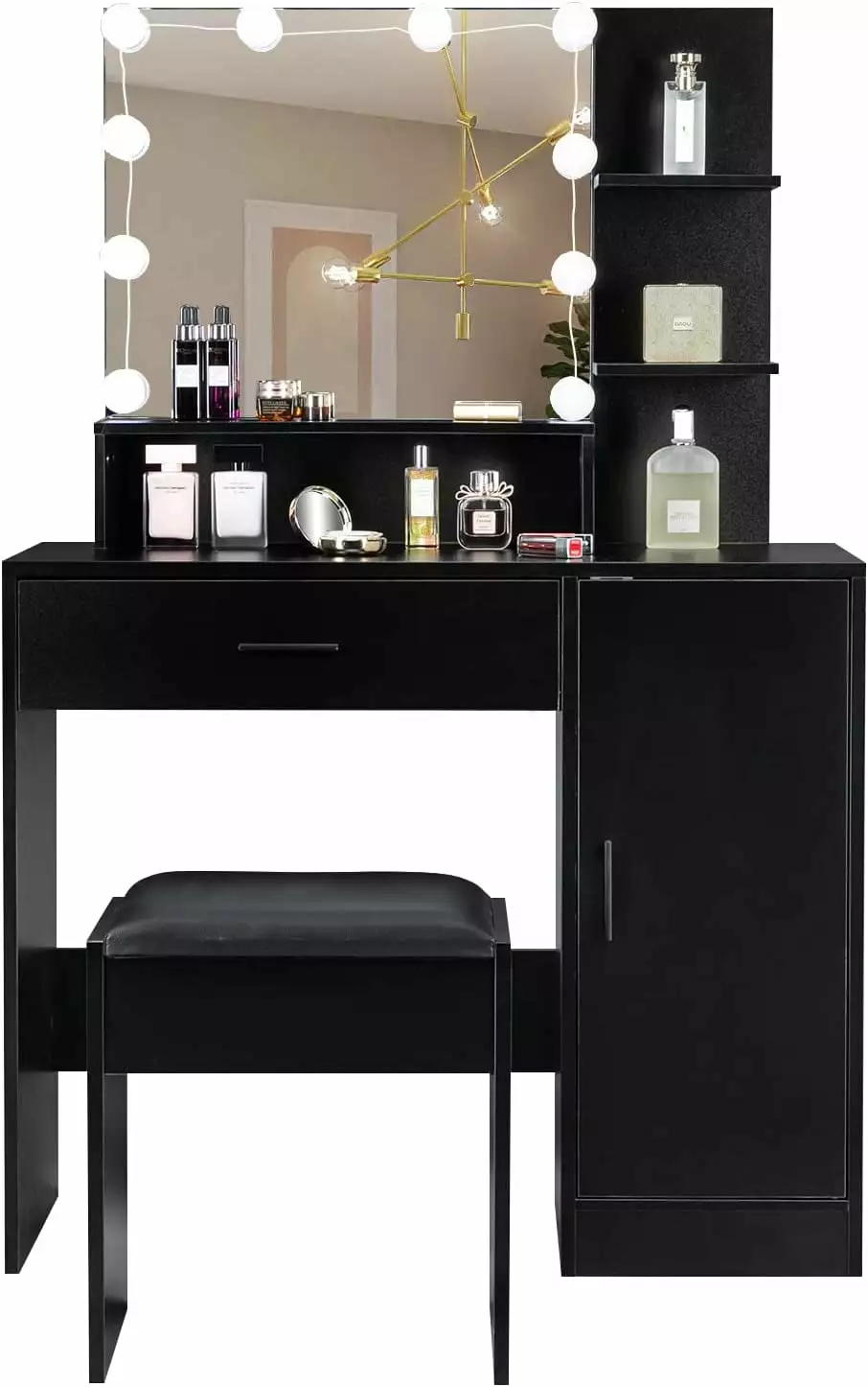 VINGLI Makeup Vanity Desk with Mirror and 10 LED Lights in 3 Colors.1 Drawer.3 Storage Shelves and 1 Cabinet.Black