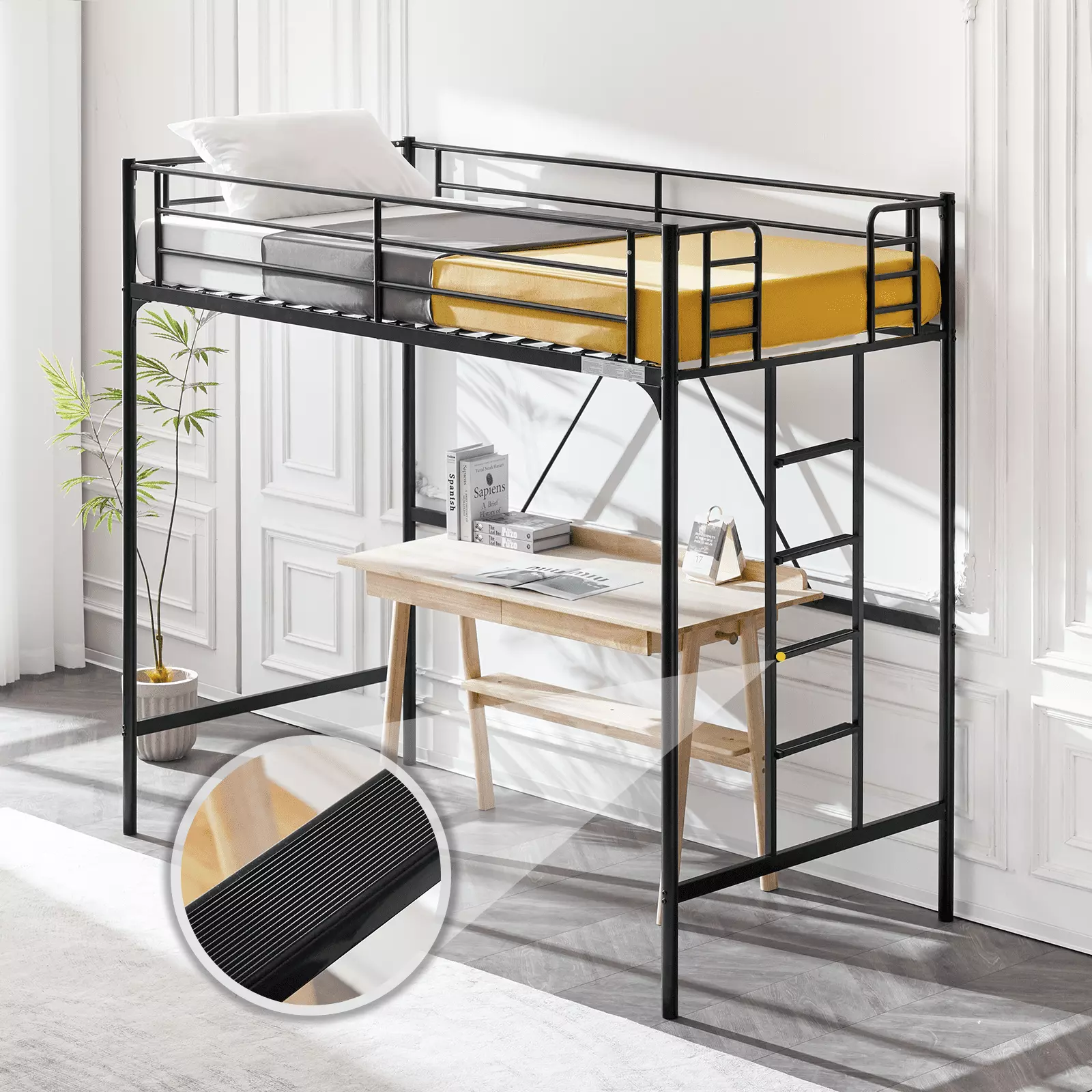 VINGLI Metal Loft Bed with Stairs and Flat Rung. Junior Loft Bed Twin Size High Loft Bed for Kids/Teens/Adults. No Box Spring Required. Black