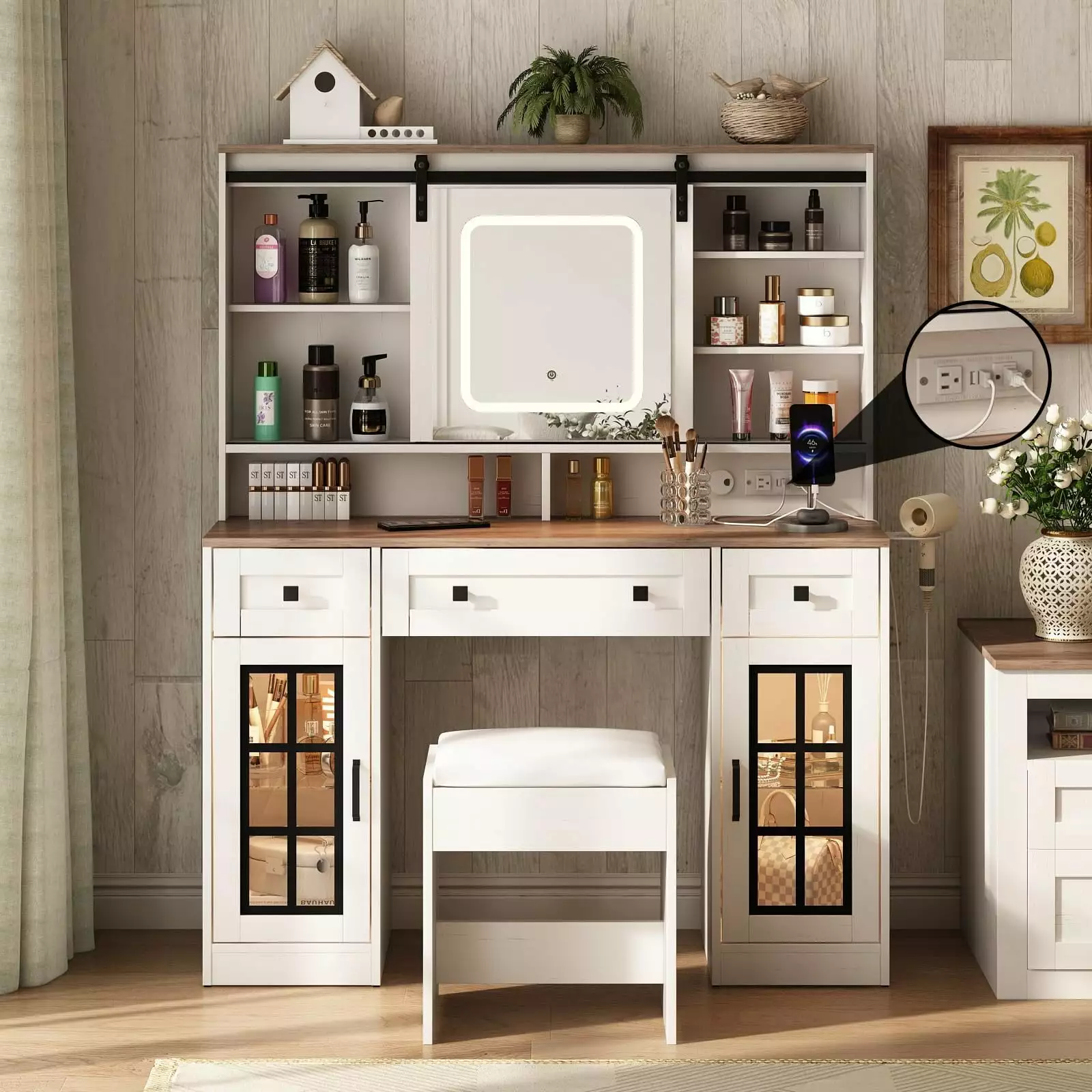 Vabches Farmhouse Makeup Vanity Desk with Sliding Mirror Large Vanity Table with 3 Drawers and Charging Station. White