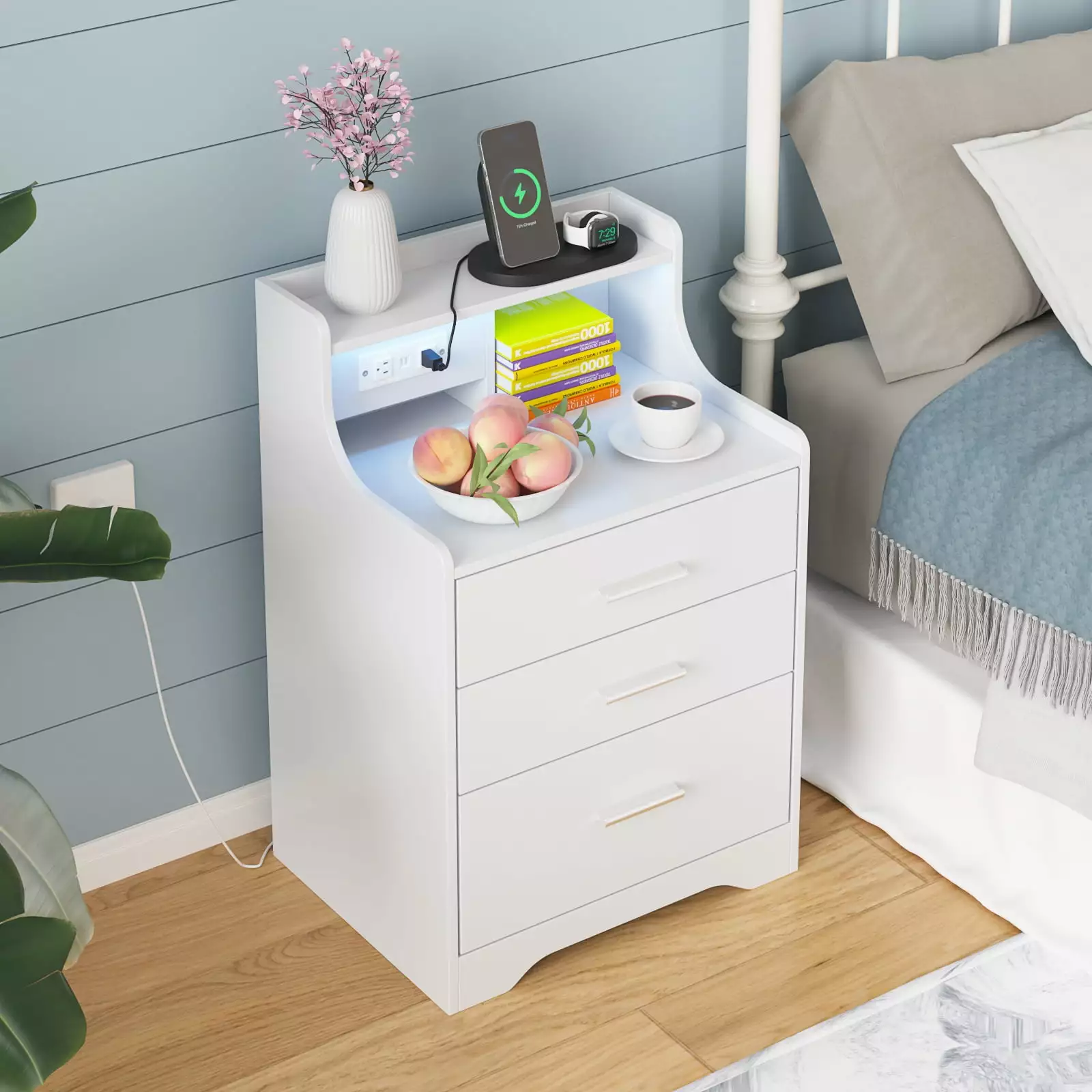 Vabches Nightstand with Charging Station. LED Night Stand with 3 Drawers. White