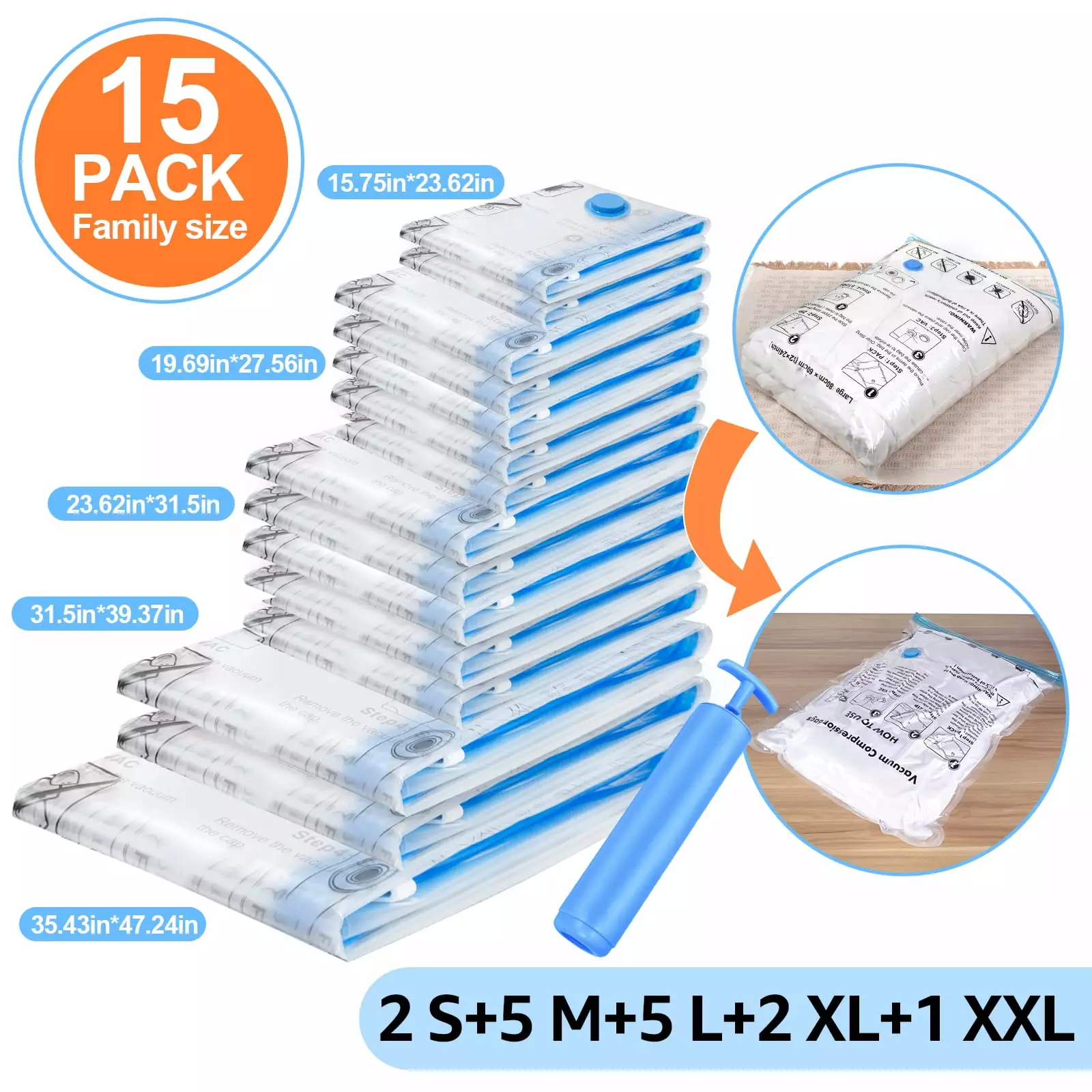 15 Pack Space Bags Vacuum Storage Bags.Vacuum Seal Bags for Clothes.Save Space for Comforters. Blanket Storage with Hand Pump