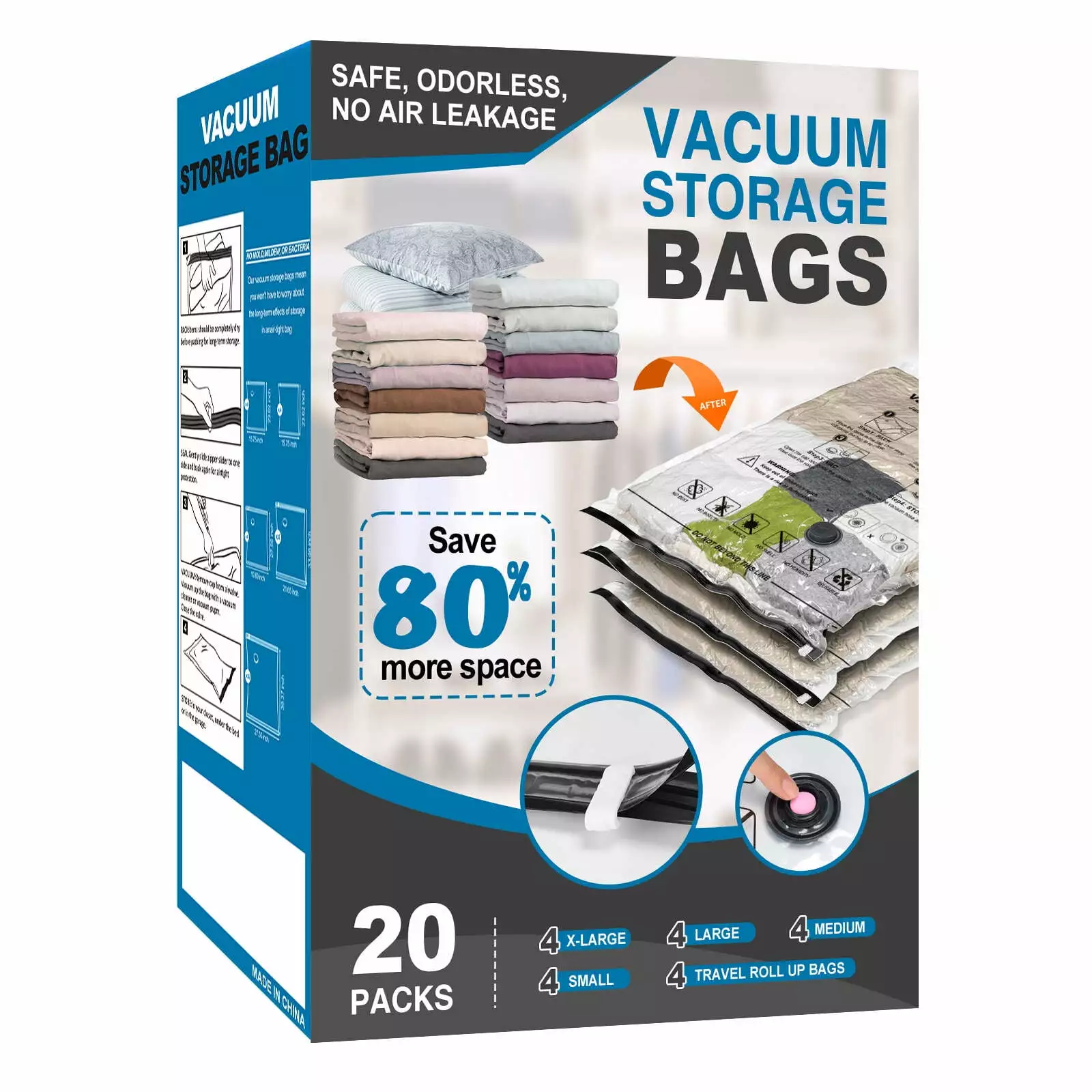 20 Pack Vacuum Storage Bags Space Saver Bags (4 Jumbo/4 Large/4 Medium/4 Small/4 Roll) Compression for Comforters and Blankets Sealer Clothes Storage