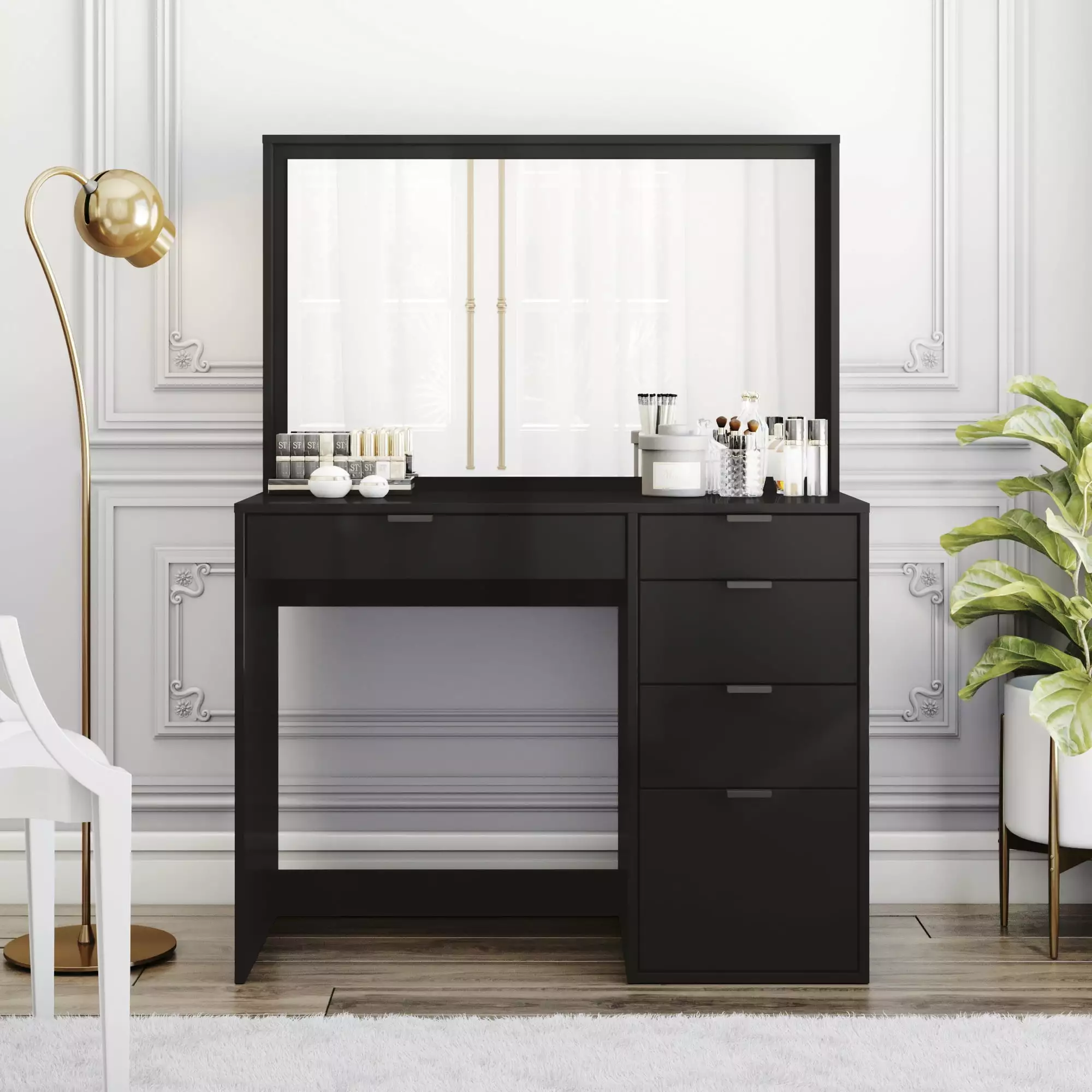 Vail 5 Drawer Vanity ?C Black Finish with Full sized Mirror ?C For Bedroom