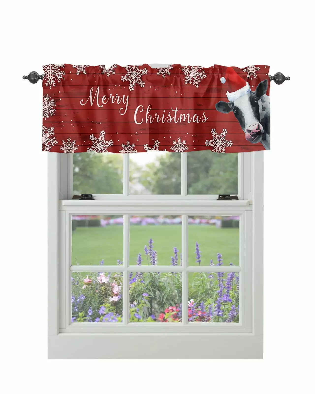 Valances for Windows Christmas Cow Cattle Snowflake Valance Curtains for Living Room Kitchen Bedroom Rustic Wood Red Decor Short Curtains for Windows Topper Rod Pocket Drapery. 1 Panel. 42x18inch