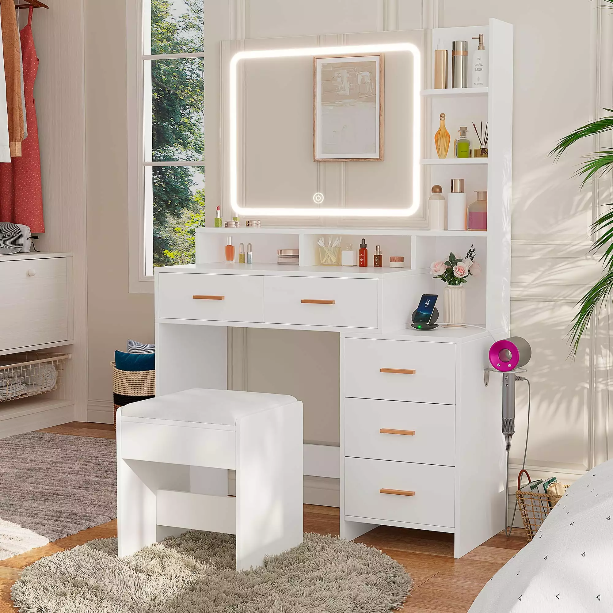 Vanity Desk with LED Lighted Mirror & Charging Station.Modern Vanity Makeup Table with 5 Drawers & Storage Shelves & Chair.3 Color Lighting Modes with Adjustable Brightness. for Bedroom (White)