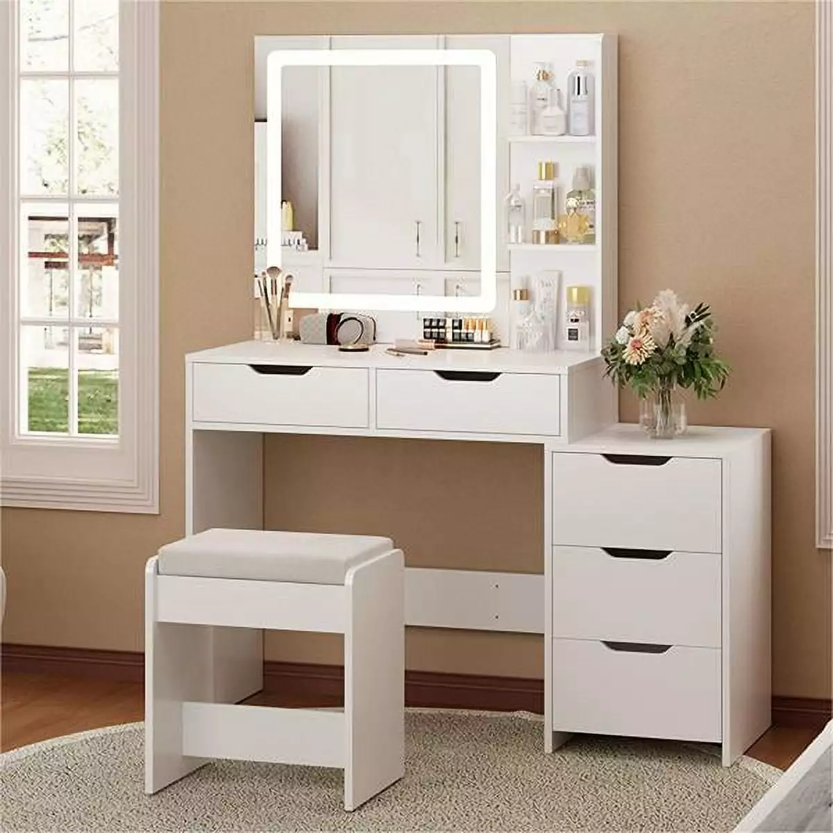 Vanity Desk. Lofka Makeup Vanity with Mirror and Lights. Large Vanity Table Set. White