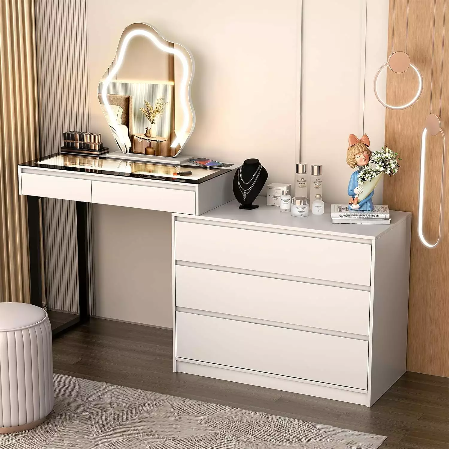 MIIFUNY Vanity Desk with Mirror and Lights. Extendable Makeup Vanity Dresser with Charging Station. White