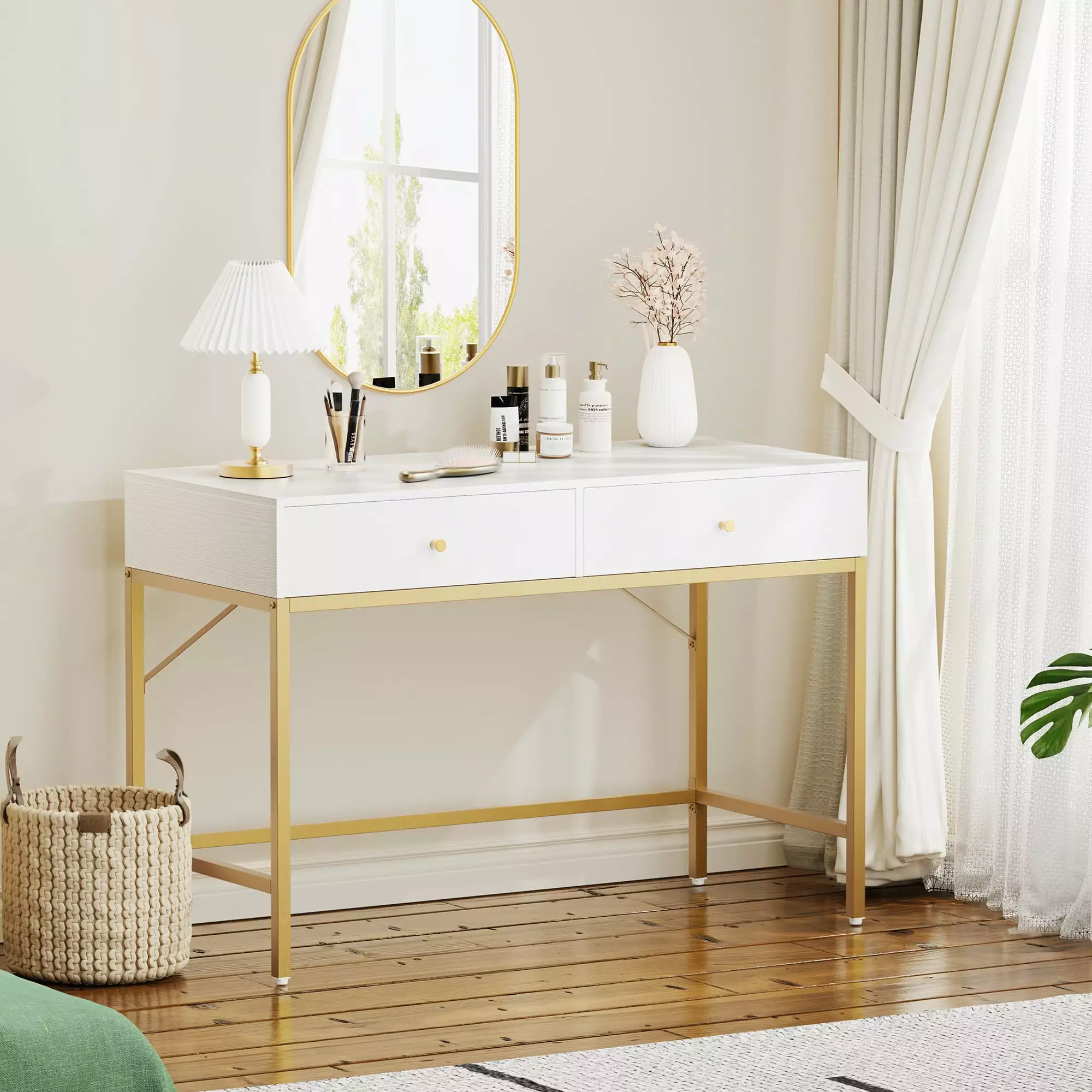 Modern Vanity Desk with Drawers. Computer Desk. Makeup Vanity. 47 Makeup Dressing Table for Bedroom. White and Gold