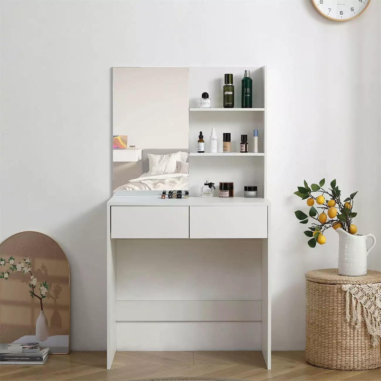 Vanity Desk with Mirror. Dressing Table with 2 Drawers and 3-tier Storage