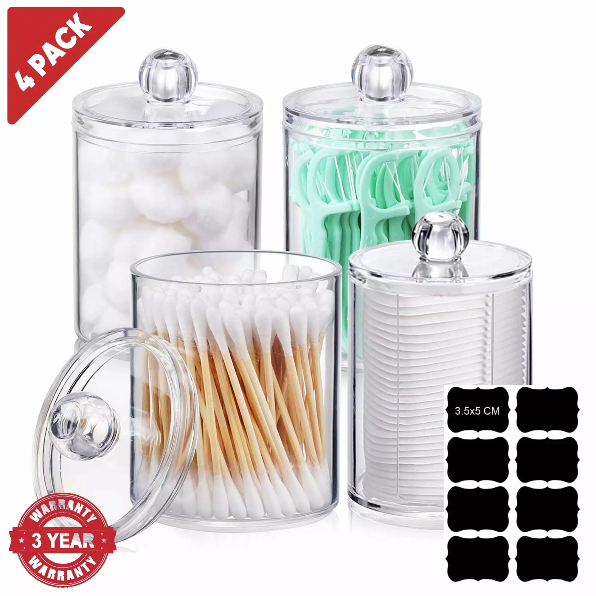 Vanity Jar Storage Set. Bathroom Organizer. Canister Jar. Clear Plastic Apothecary Cup with Lid. Qtip Holder. for Cotton Ball. Swab. Round Pads. Q Tip. Floss. 10 oz (4 Pack)