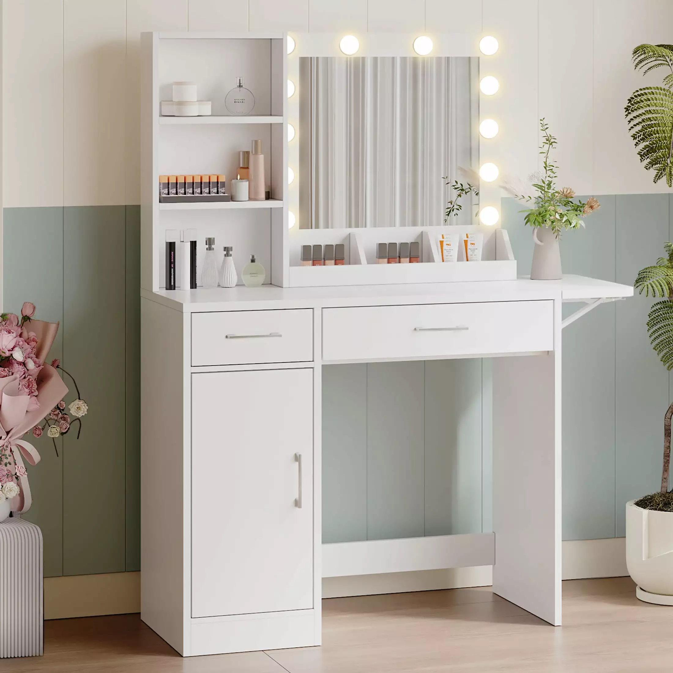 HSUNNS Vanity Desk with Mirror and 3 Color LED Lights. Vanity Desk with 3 Drawers and Storage Cabinet. Wood Vanity Table Modern Makeup Desk with Adjustable Shelves for Girls. White