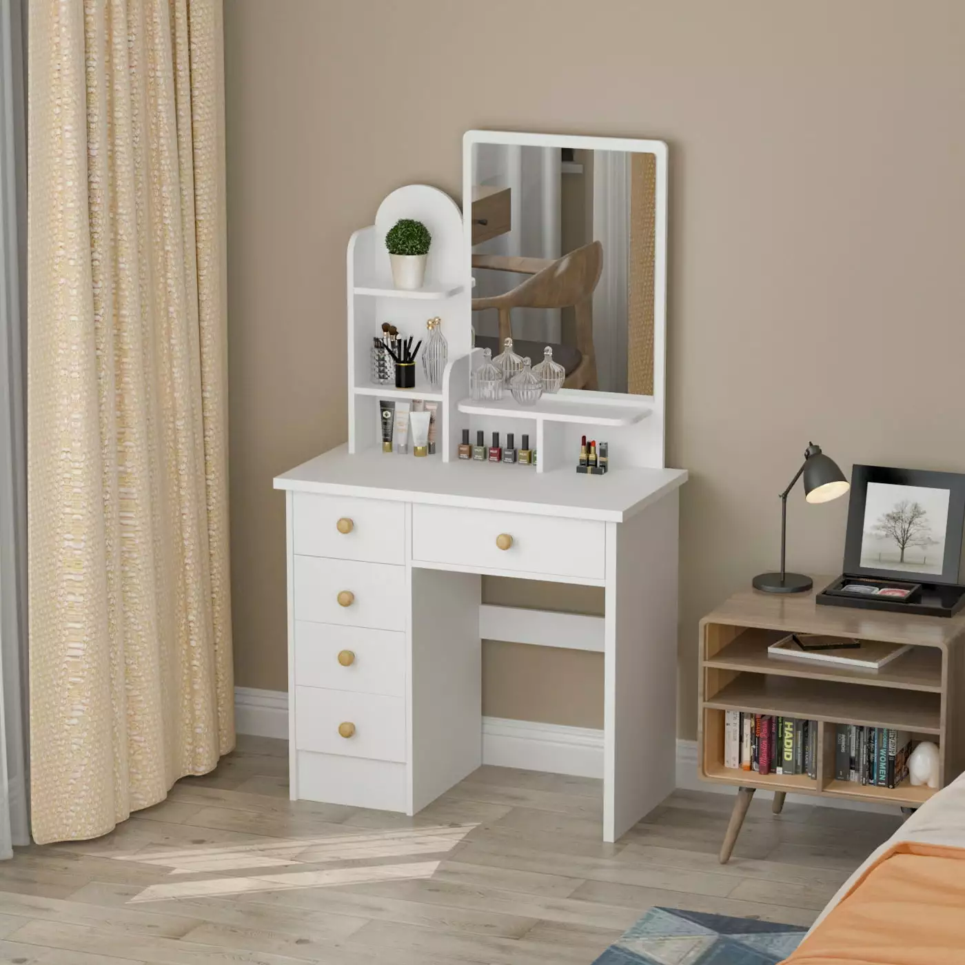 Vanity Table Set with Mirror. Makeup Table with 3 Storage Shelves & 5 Drawers. Dressing Vanity Tables with . Dresser Desk for Girls. Women. White