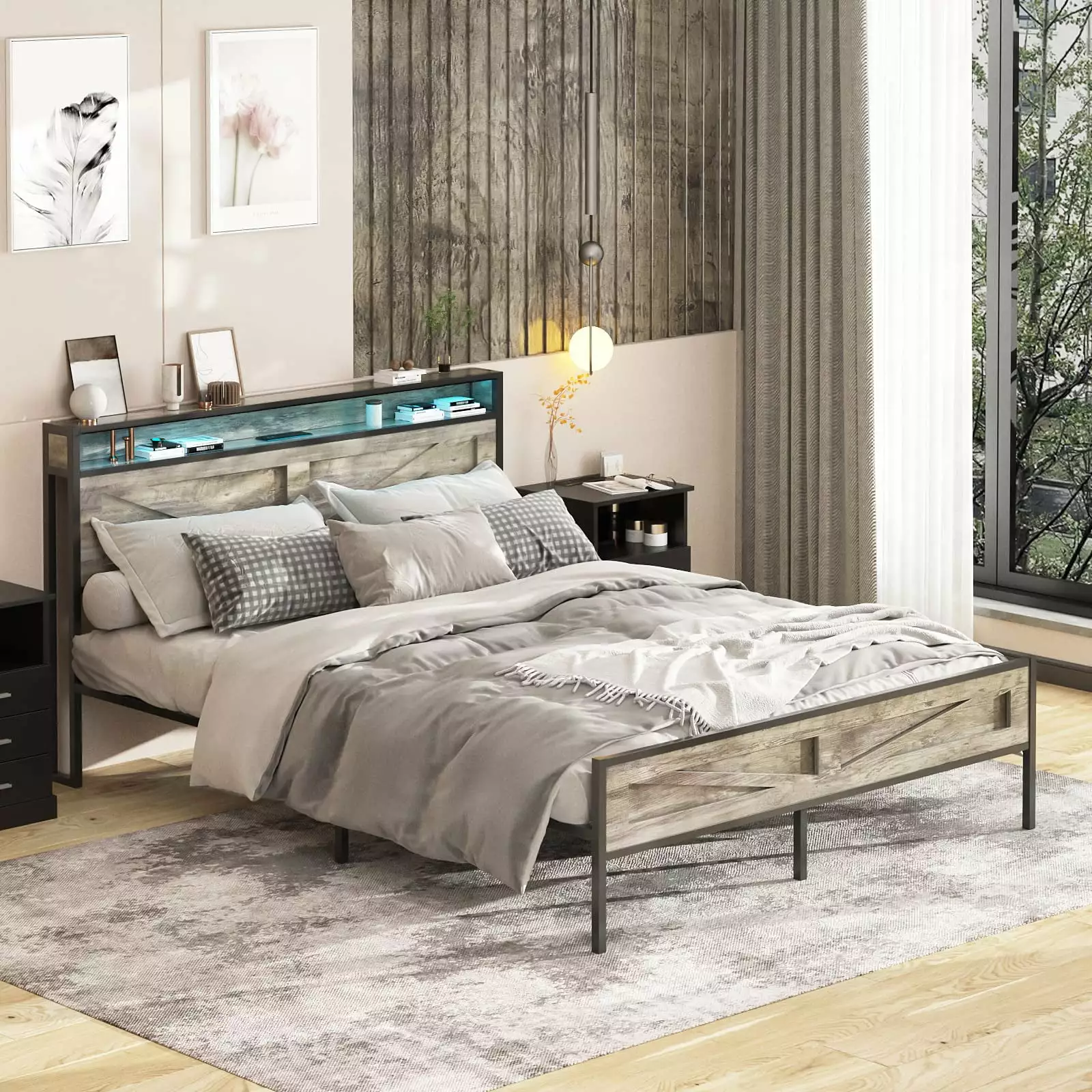 Veanerwood Full Platform Bed Frame with Headboard. LED Lights and Power Strip. for Bedroom. Gray