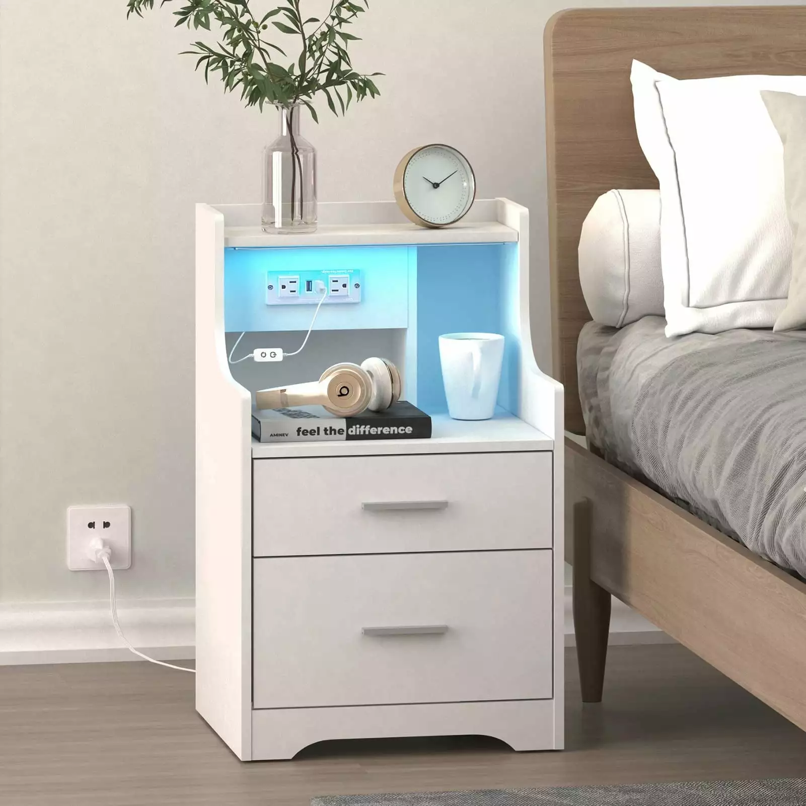 Veanerwood Nightstand with Charging Stand & LED Lights. 2 Drawer Kids Bedroom Nightstand. White