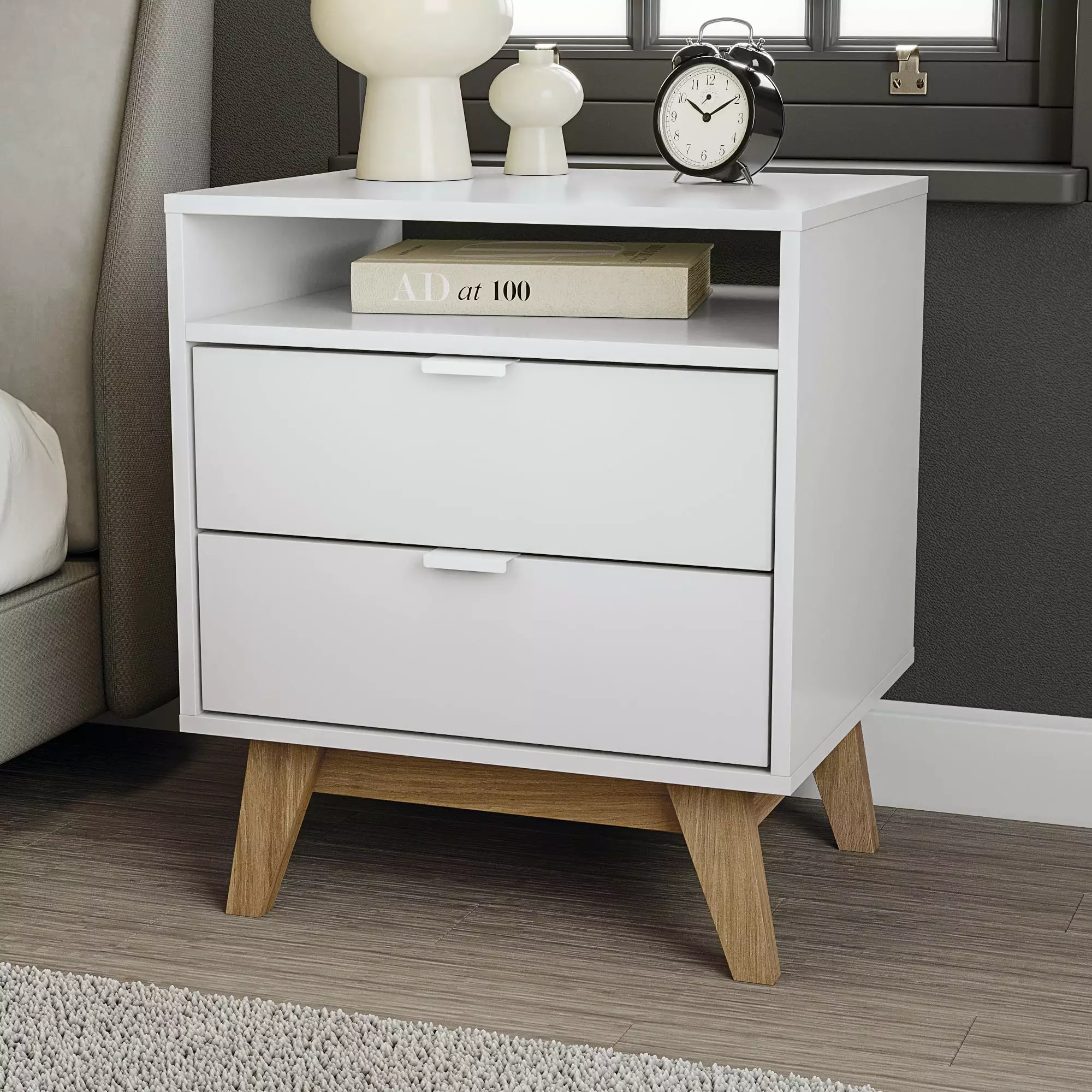 Venice Modern 2 Drawer Nightstand W/ Niche - White/Light Brown Melamine Finish. for Bedroom