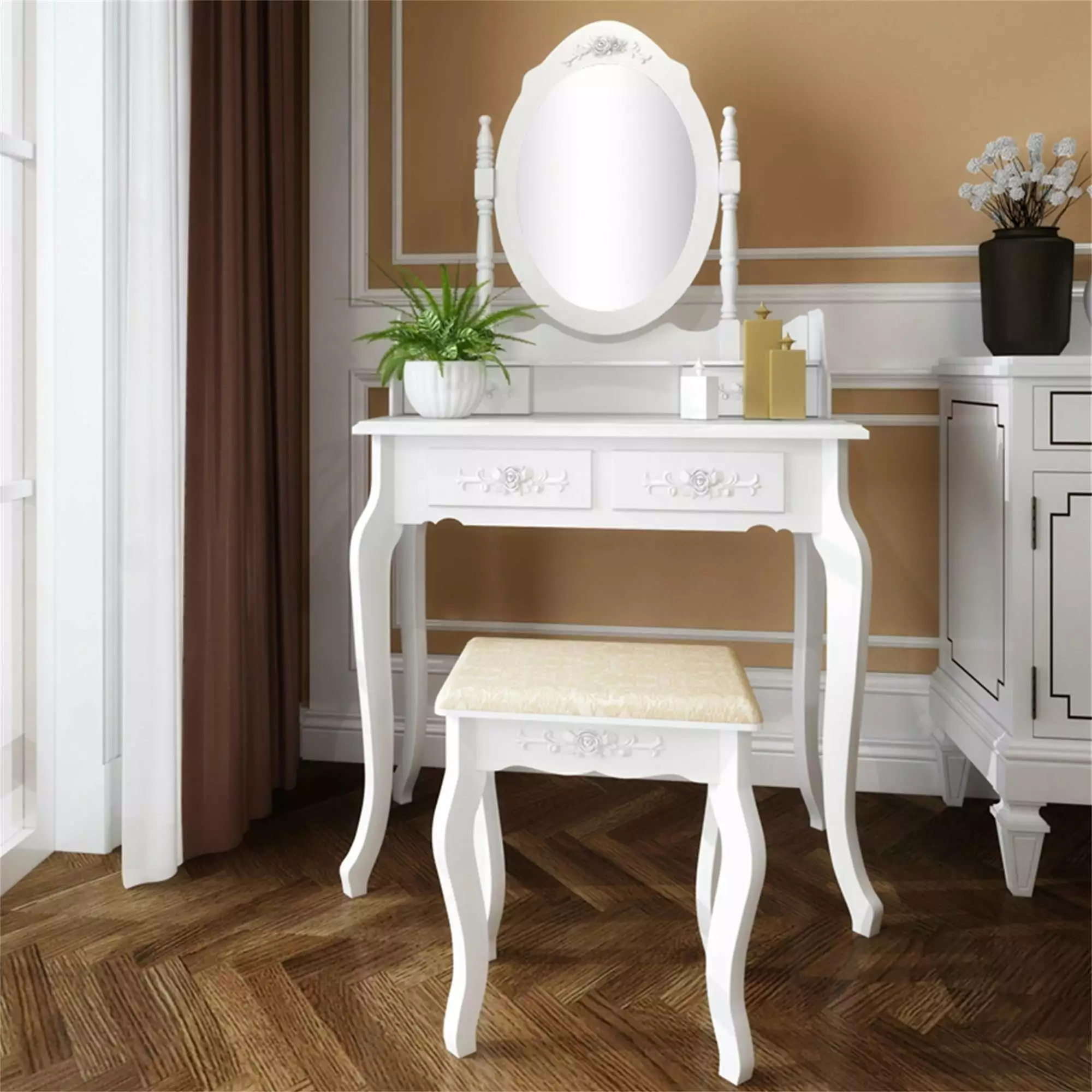 Veryke Vanity Table Set with 4 Drawers & Removable LED Mirror. Makeup Desk with Stool - White