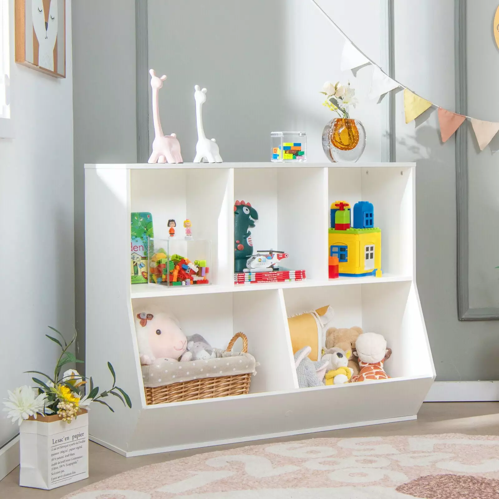 Vicamelia Kids Toy Storage Organizer. 5-Cubby Wooden Bookshelf. Open Multi-Bins Display Cabinet. White