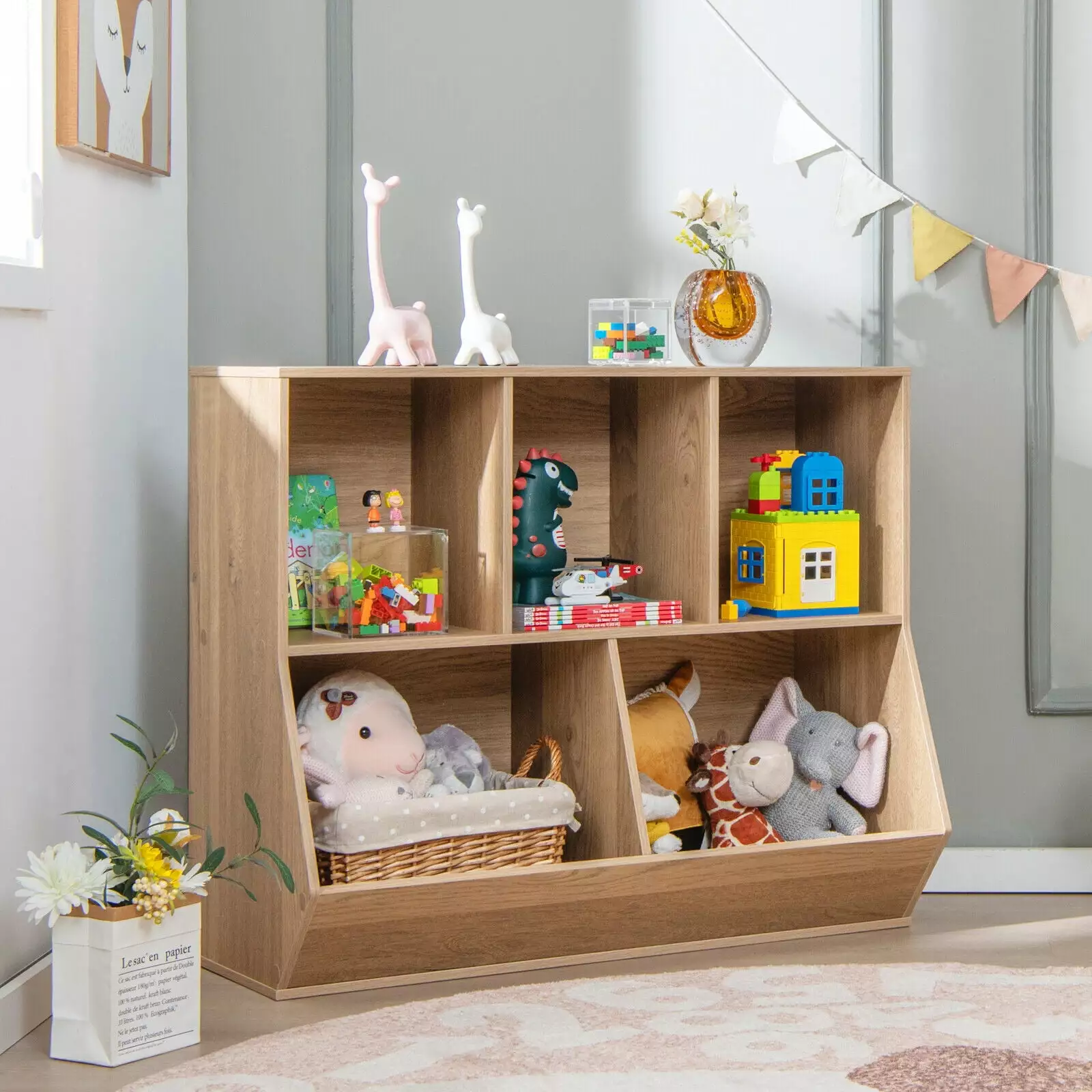 Vicamelia Wood Toys Organizer for Kids. 5-Cubby Children Bookshelf. Toy box with storage. Natural