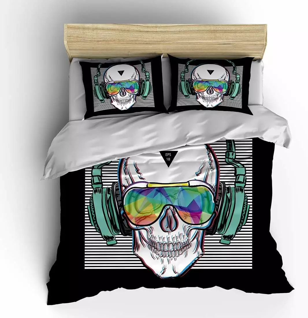 Vichonne Music Skull Comforter Sets Full Size Boys Punk Rocker Skull Printed Bedding