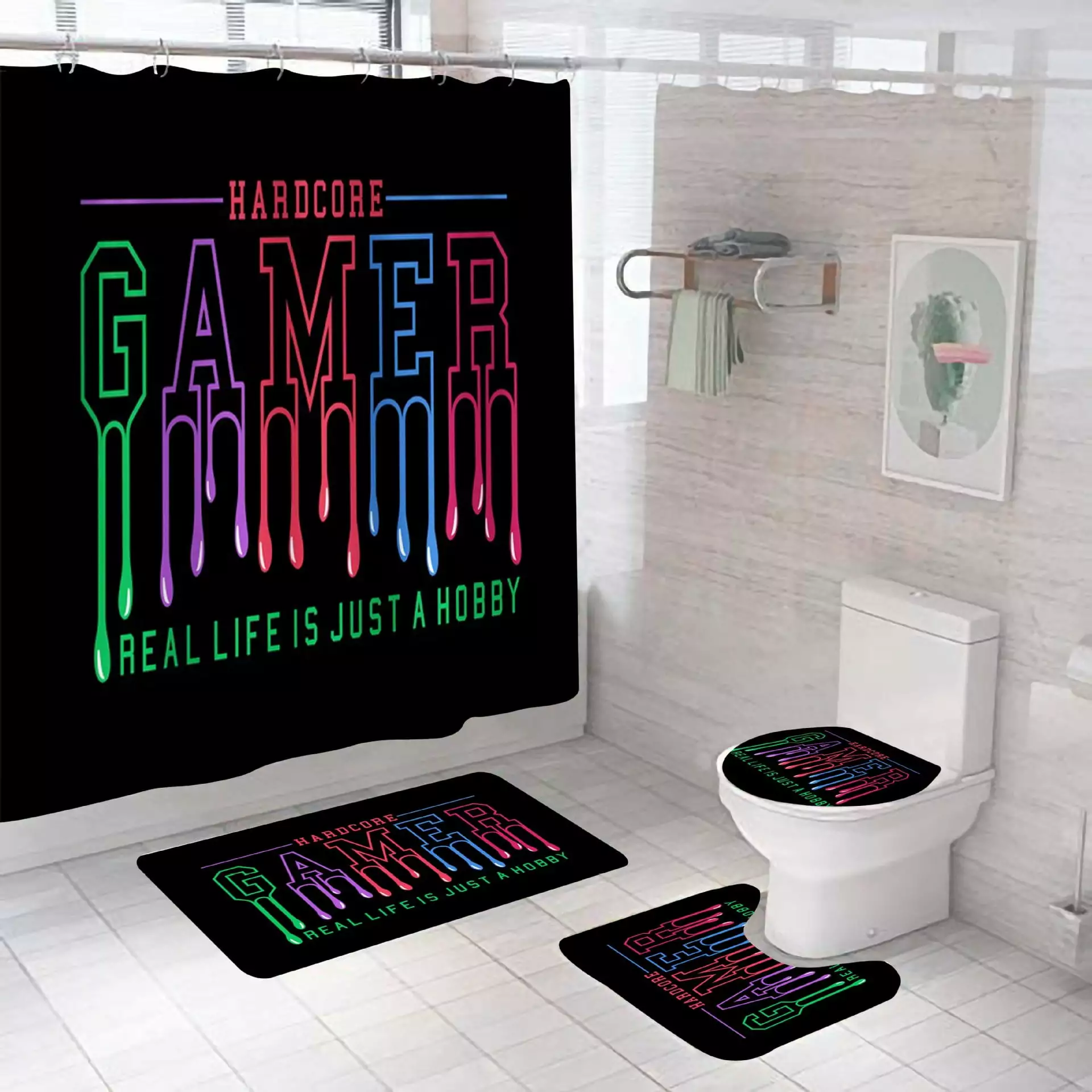 Video Games Shower Curtain72x72 Inch Kids Black White Graffiti Gamepad Gaming Controller Gamer Teens Boys Shower Curtain Bathroom Set Cool Waterproof Bath Decoration Accessories Home Decor 4pcs