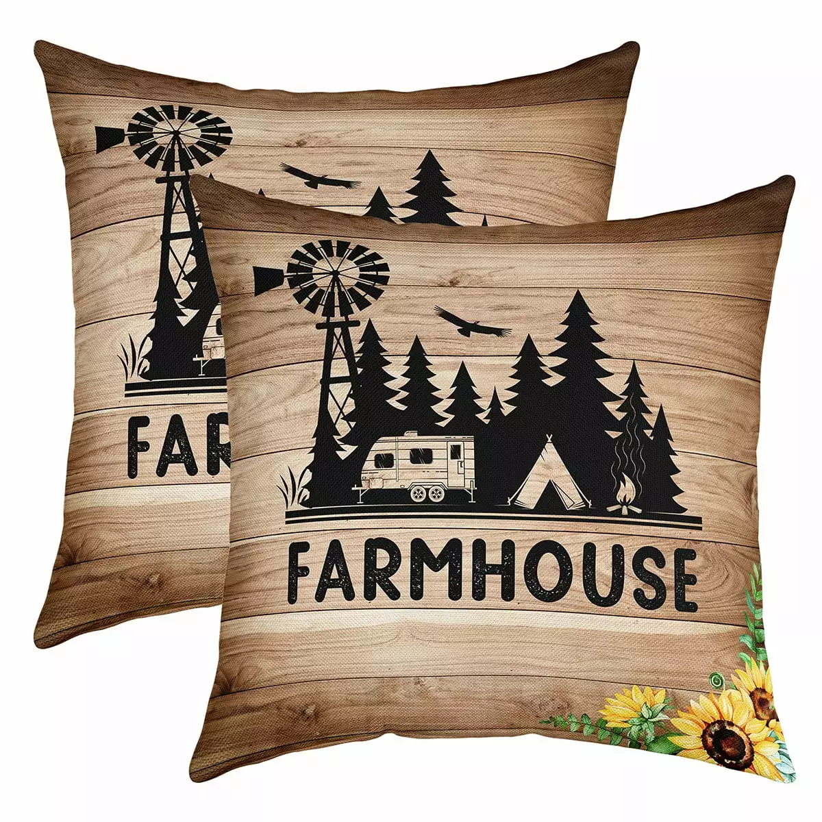 Vintage Farmhouse Pillow Covers Happy Camping Camper Throw Pillow Covers 16x16 Inch. Chic Sunflower Rustic Windmill Cushion Covers. Brown Black Cushion Cases Stripe Decor