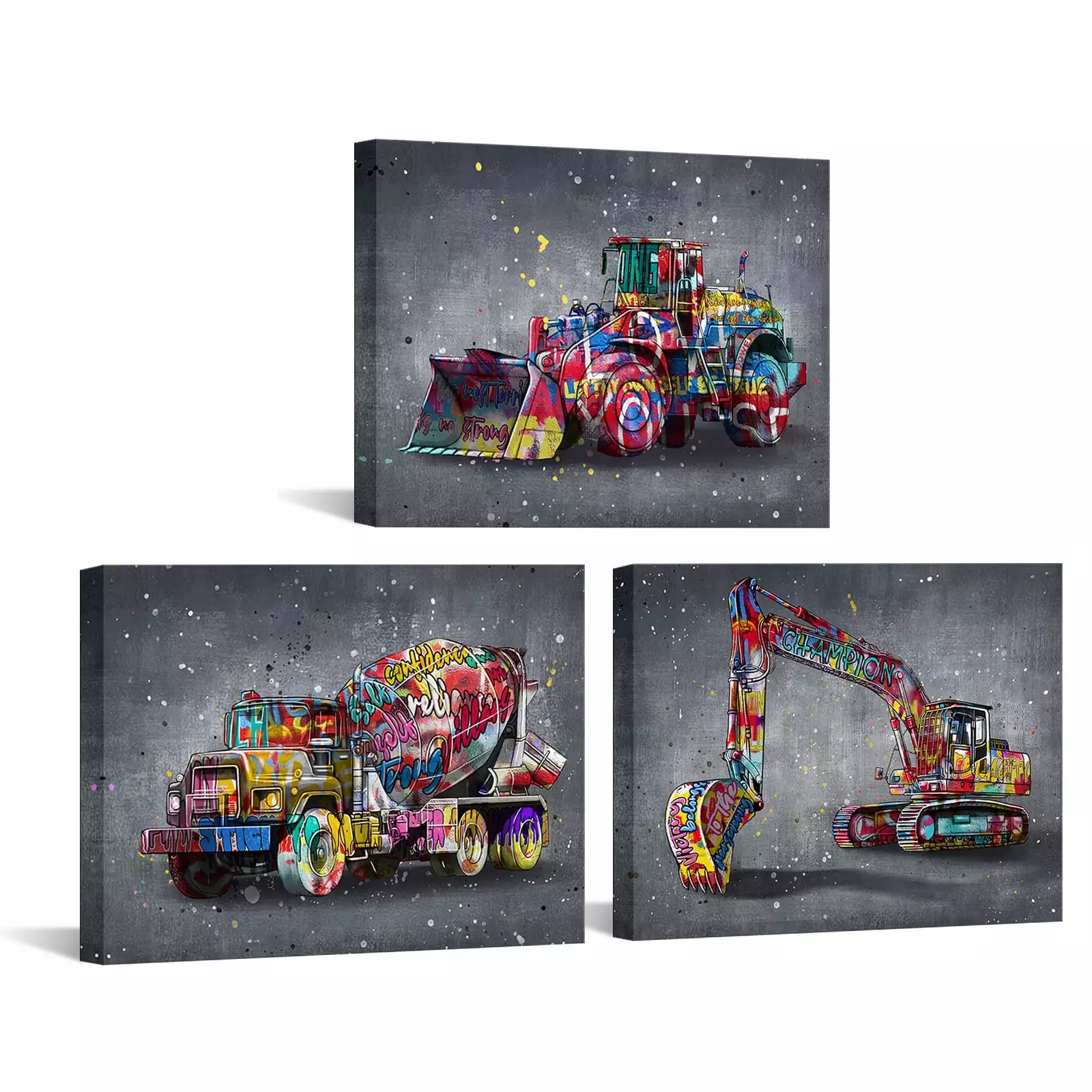 Visual Art Decor 3 Piece 12 x 16inch Framed Canvas Wall Art Clearance Set Graffiti Diggers Stir Trucks Bulldozers Prints Pictures Posters Artwork for Kids Modern Painting For Home Office Decoration