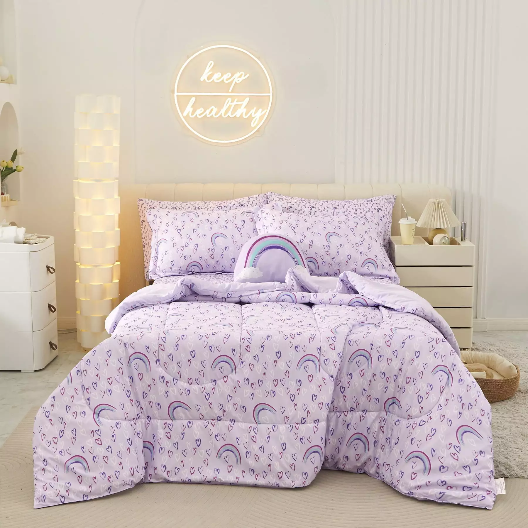 Viviland Kids Comforter Bed Set Full Size for Girls. 8 Pieces Bed in a Bag with Shams. Sheet Set. Double Soft Microfiber Kids Comforter Bedding Set. Purple